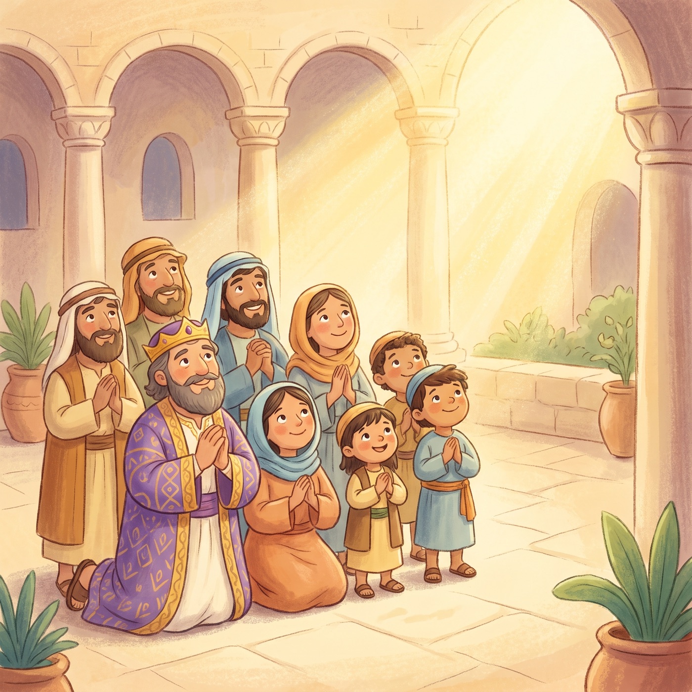 A king and his people kneeling together in a temple courtyard, hands folded, looking upward, soft golden light, peaceful.