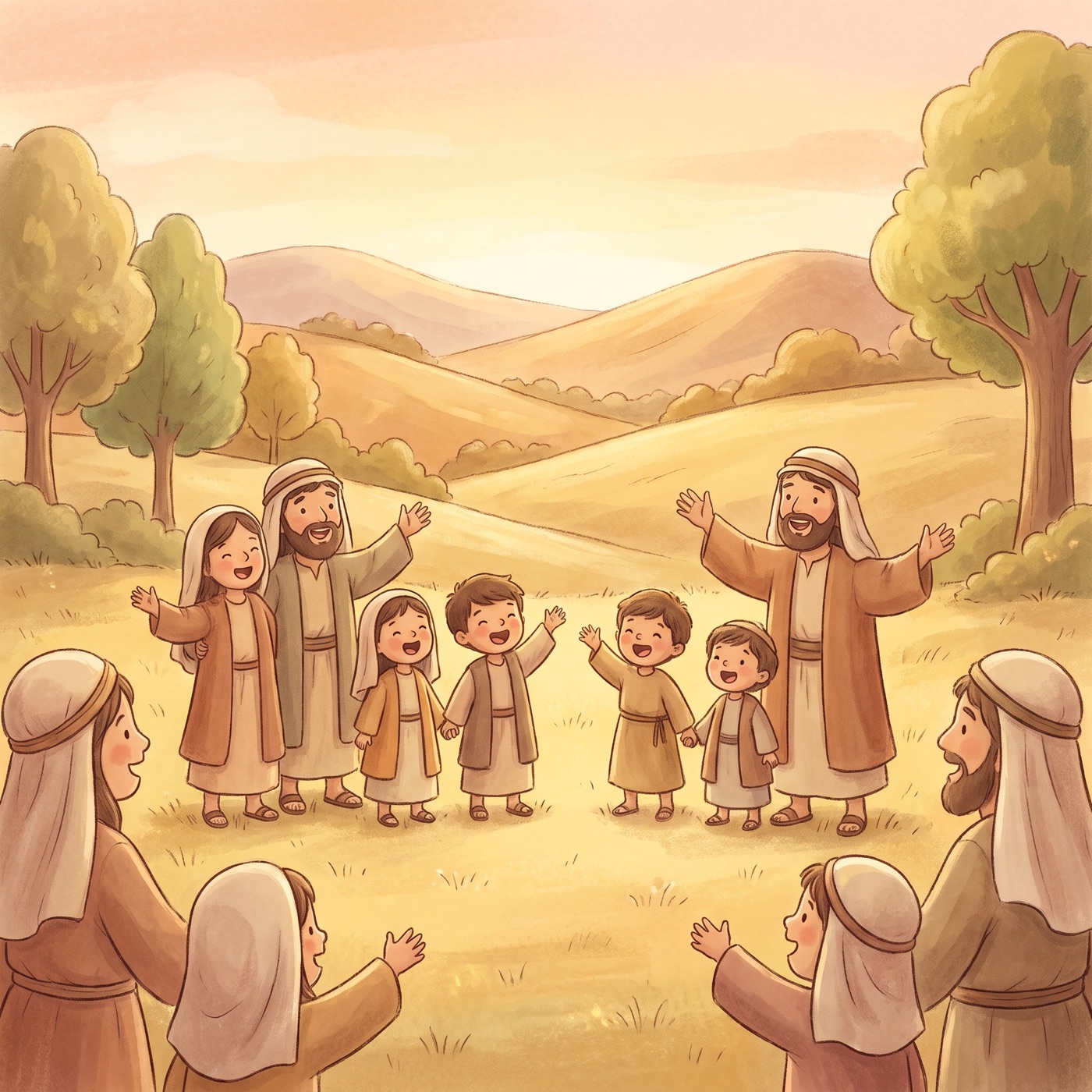 Children and families singing joyfully together outdoors in golden morning light, peaceful hills in the background.