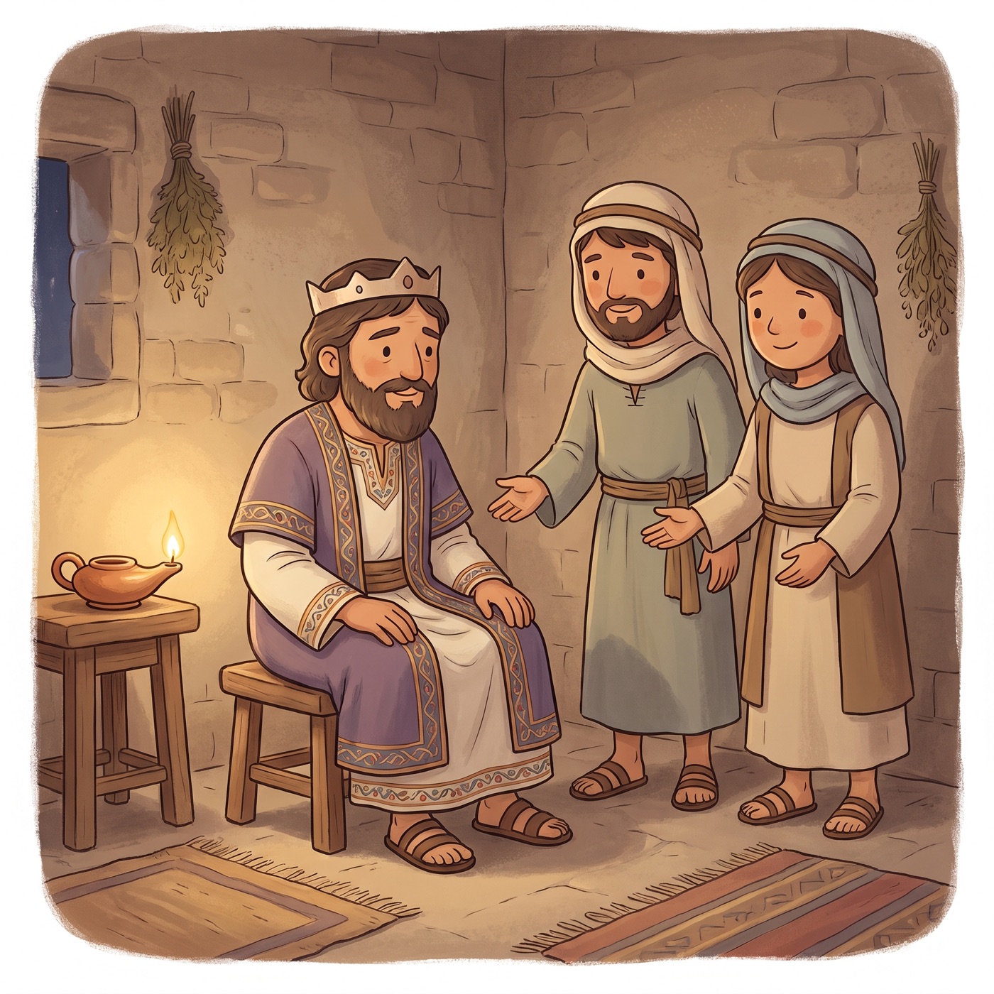 A king in royal robes listening thoughtfully to wise gentle helpers, warm light, humble kind expression.