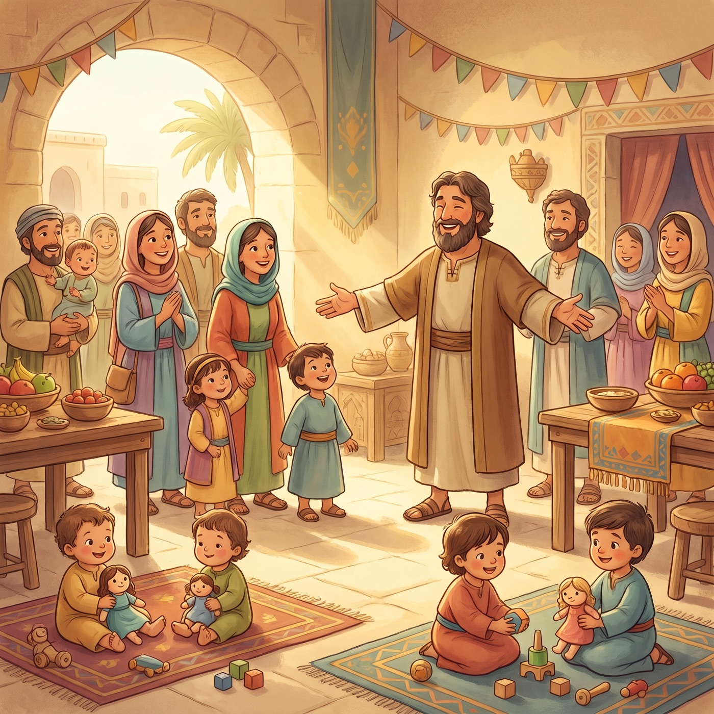A joyful king welcoming many families together for a warm celebratory feast, colorful robes, golden light, happy children.