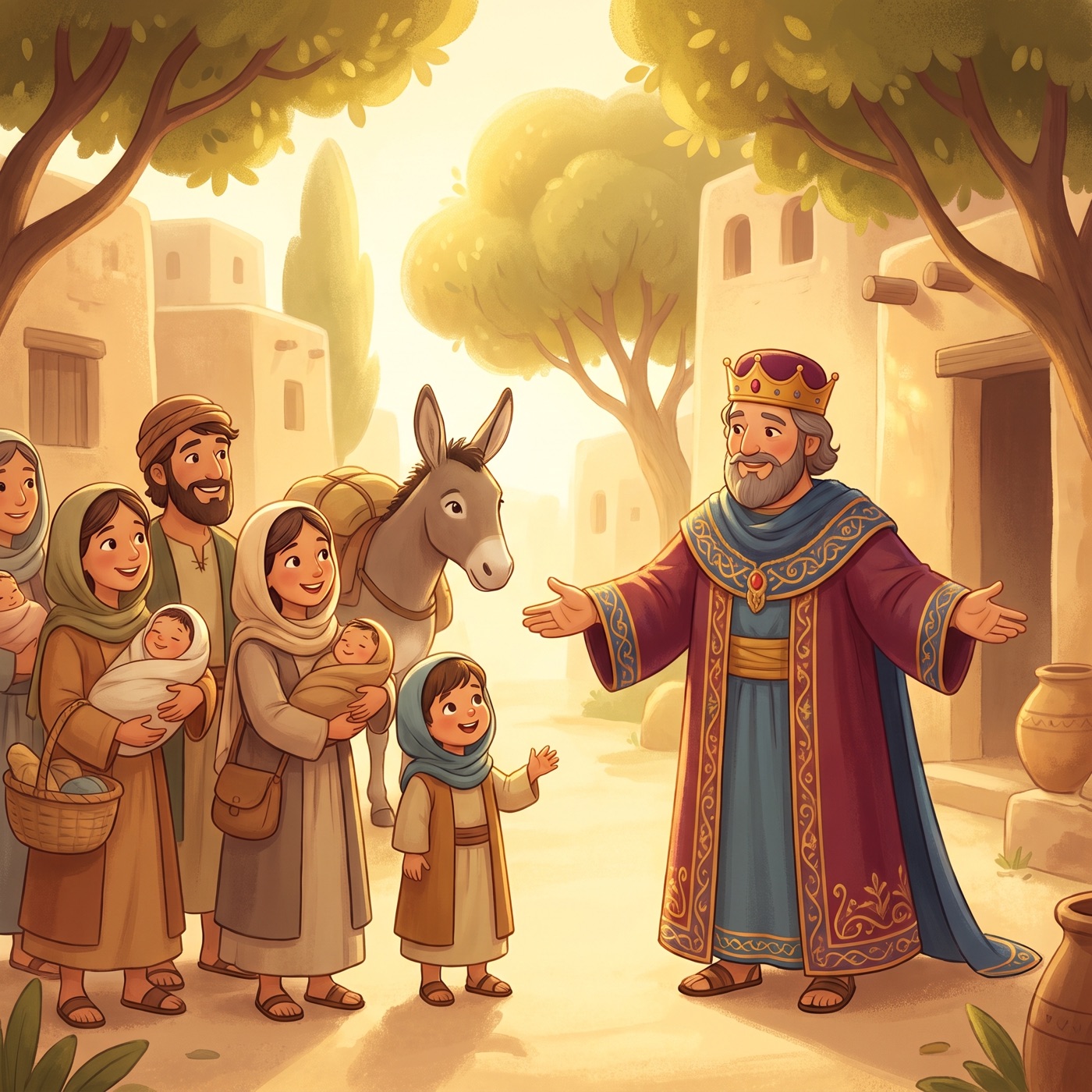 A kind king in royal robes warmly telling a small group of joyful ancient-Israel families they may go home, families holding bundles, soft golden light.