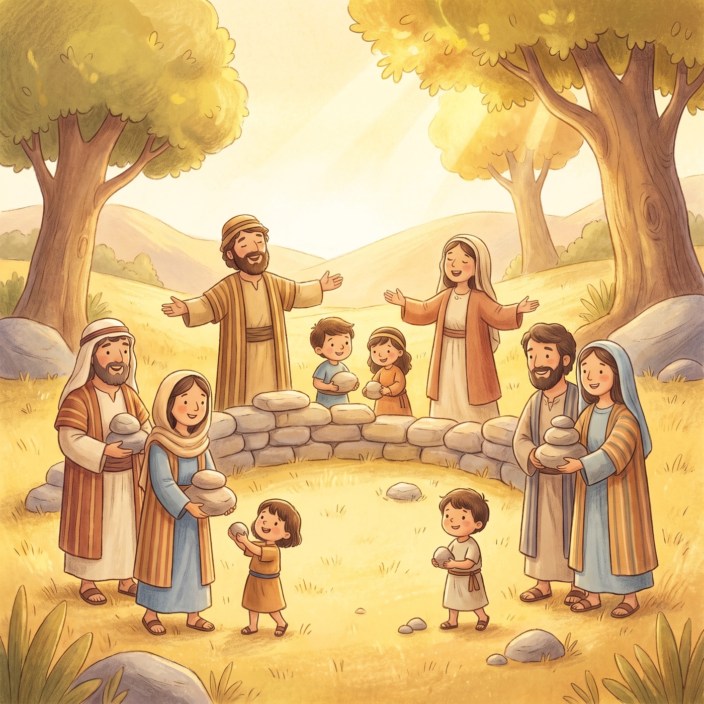 Ancient-Israel families joyfully working together to build the stone foundation of a temple, some singing with open arms, children helping carry small stones, warm golden light.