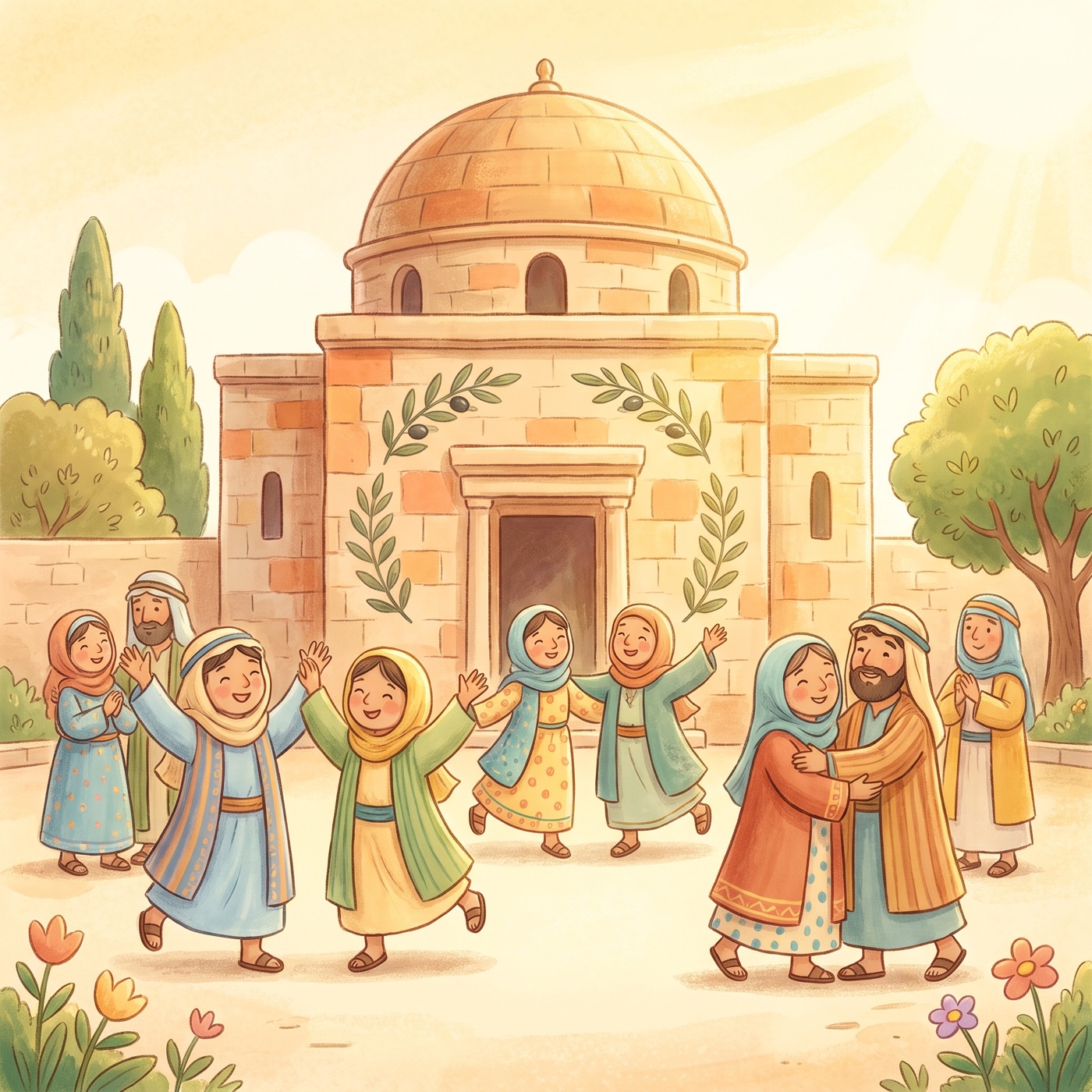 A beautiful finished ancient stone temple with families celebrating happily in front of it, arms raised in joy, colorful robes, golden sunlight.