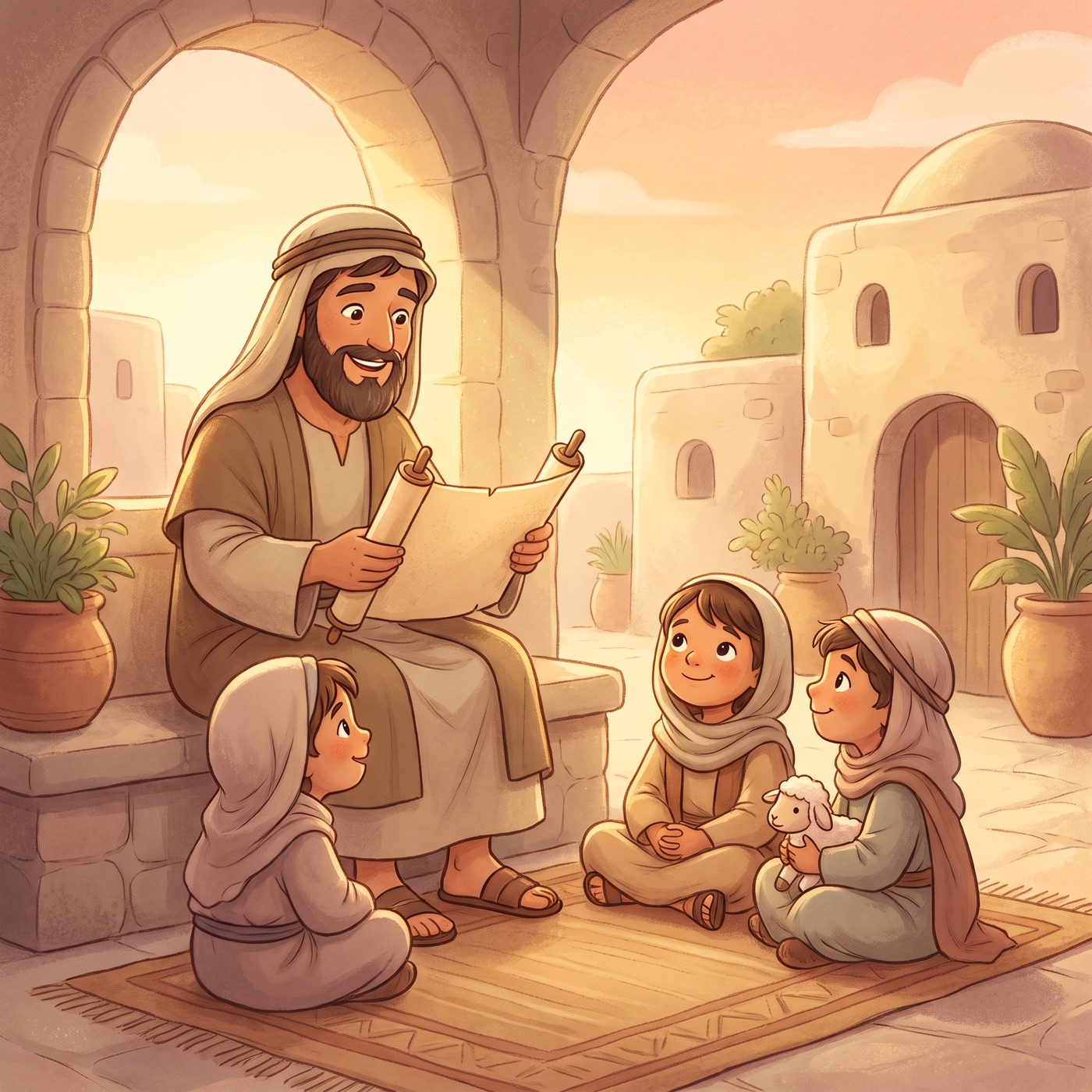 A gentle kind man lovingly reading an open scroll of scriptures with children listening nearby, soft warm light, peaceful reverent expression.