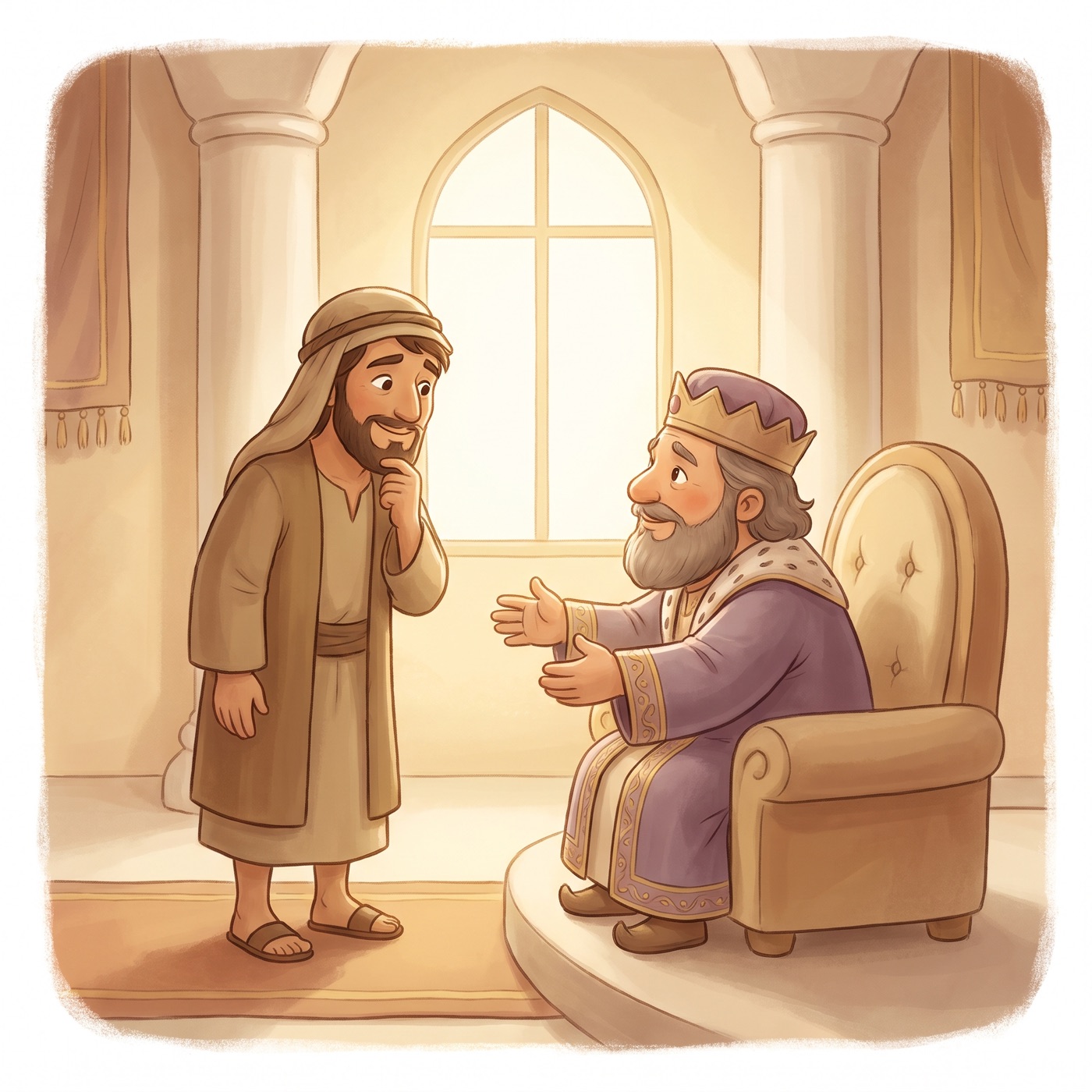 A thoughtful kind man standing before a gentle king who leans forward warmly to help him, soft palace light, hopeful expressions.