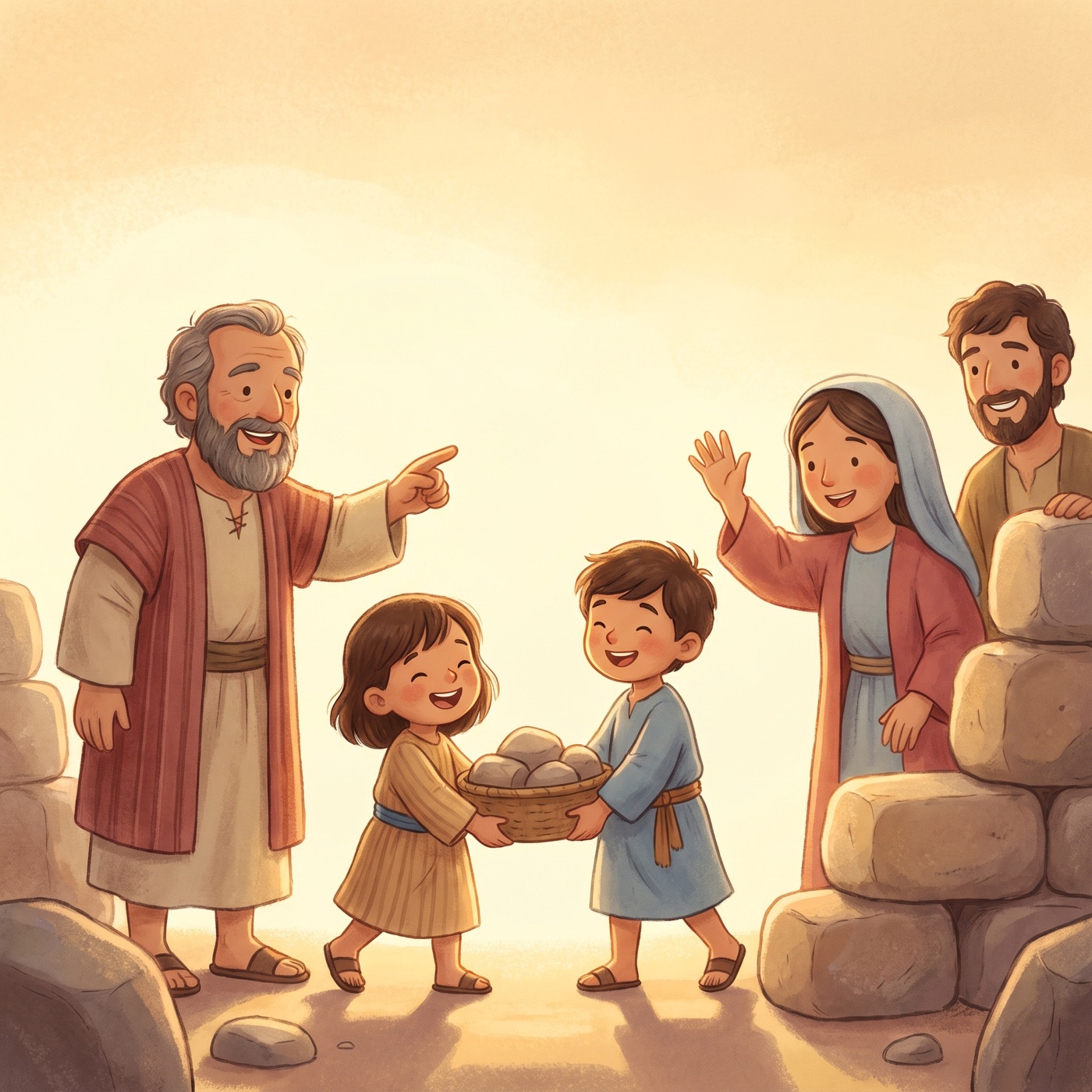 Ancient-Israel families of all ages working happily together to build a stone city wall, helping and encouraging one another, warm golden light, determined joyful faces.