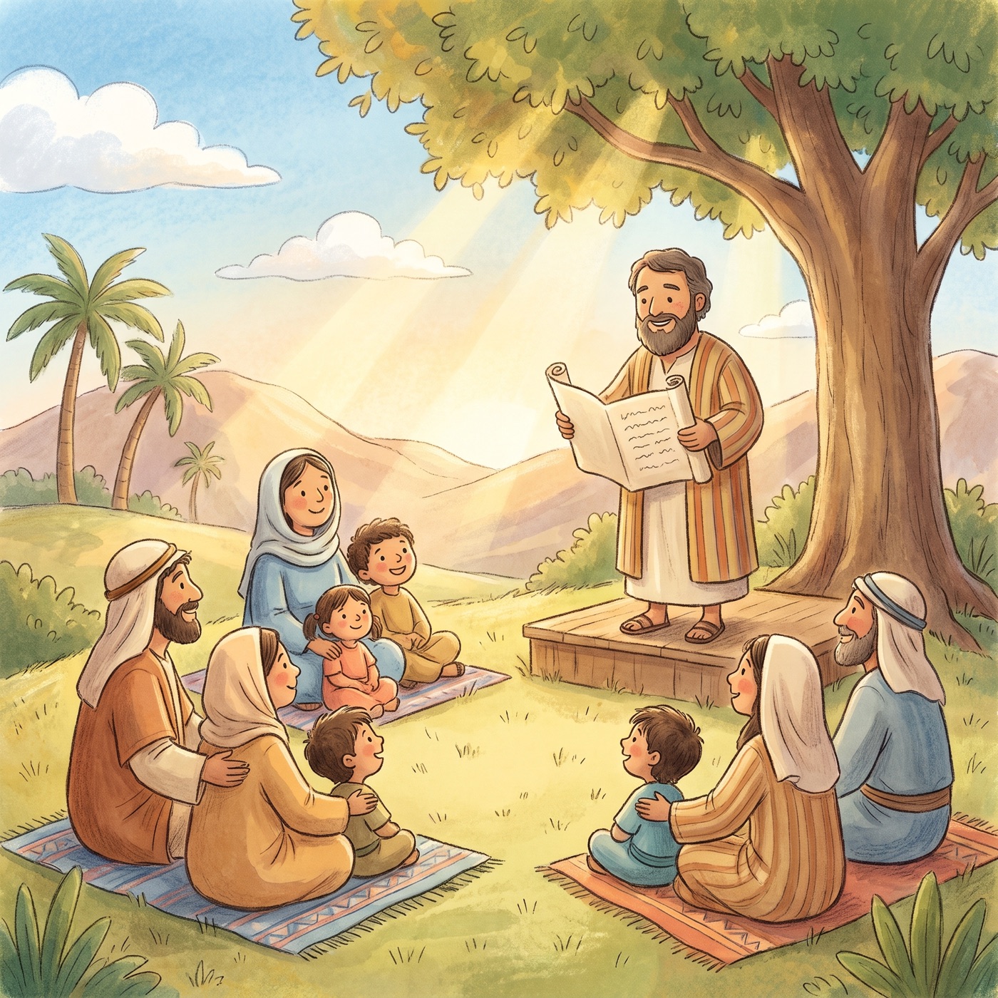 A large gathering of ancient-Israel families sitting together outdoors listening to a kind man read from a large open scroll on a wooden platform, warm morning light, joyful peaceful faces.