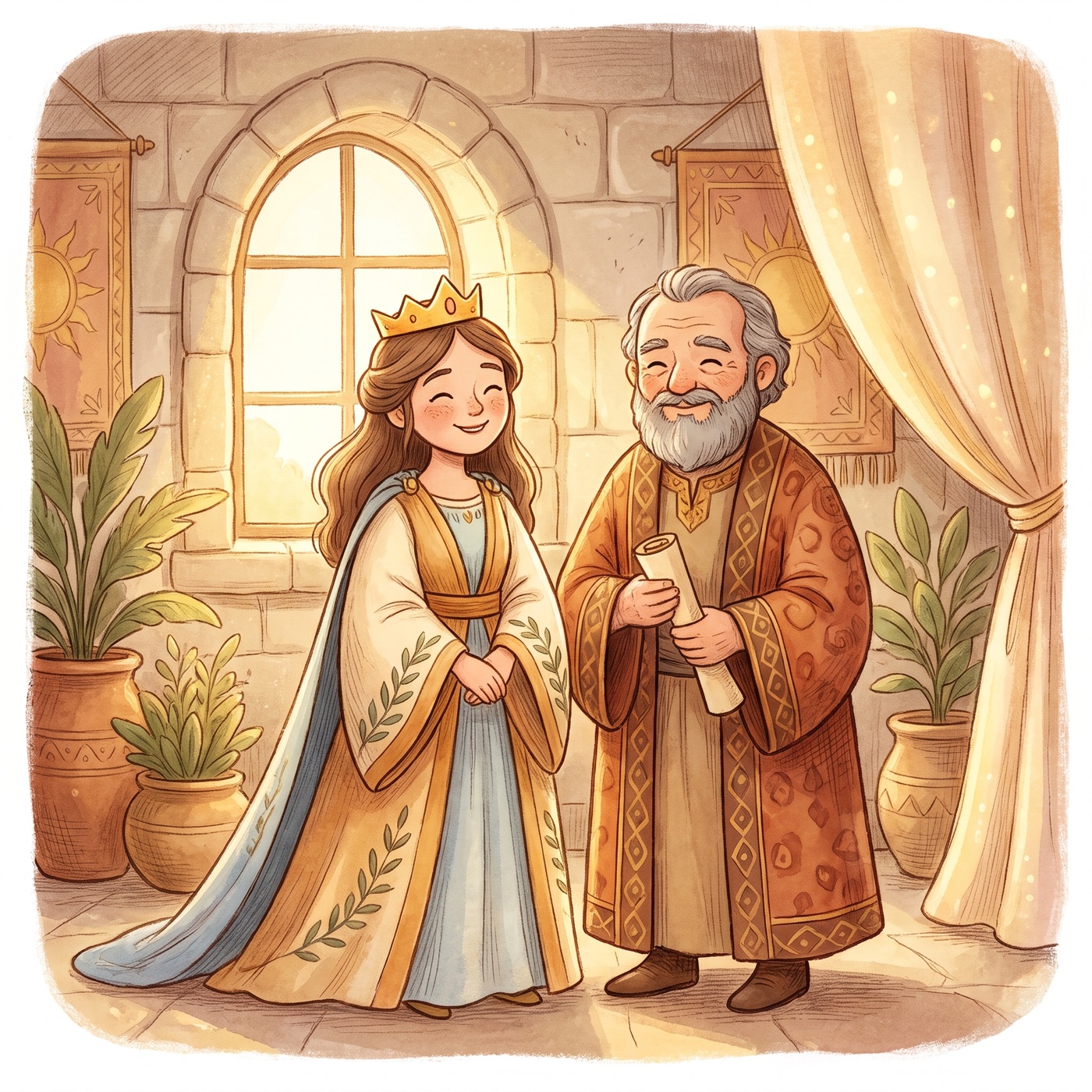 A gentle young queen with a small crown and warm royal robes standing beside a kind older man who looks at her proudly, soft golden palace light.