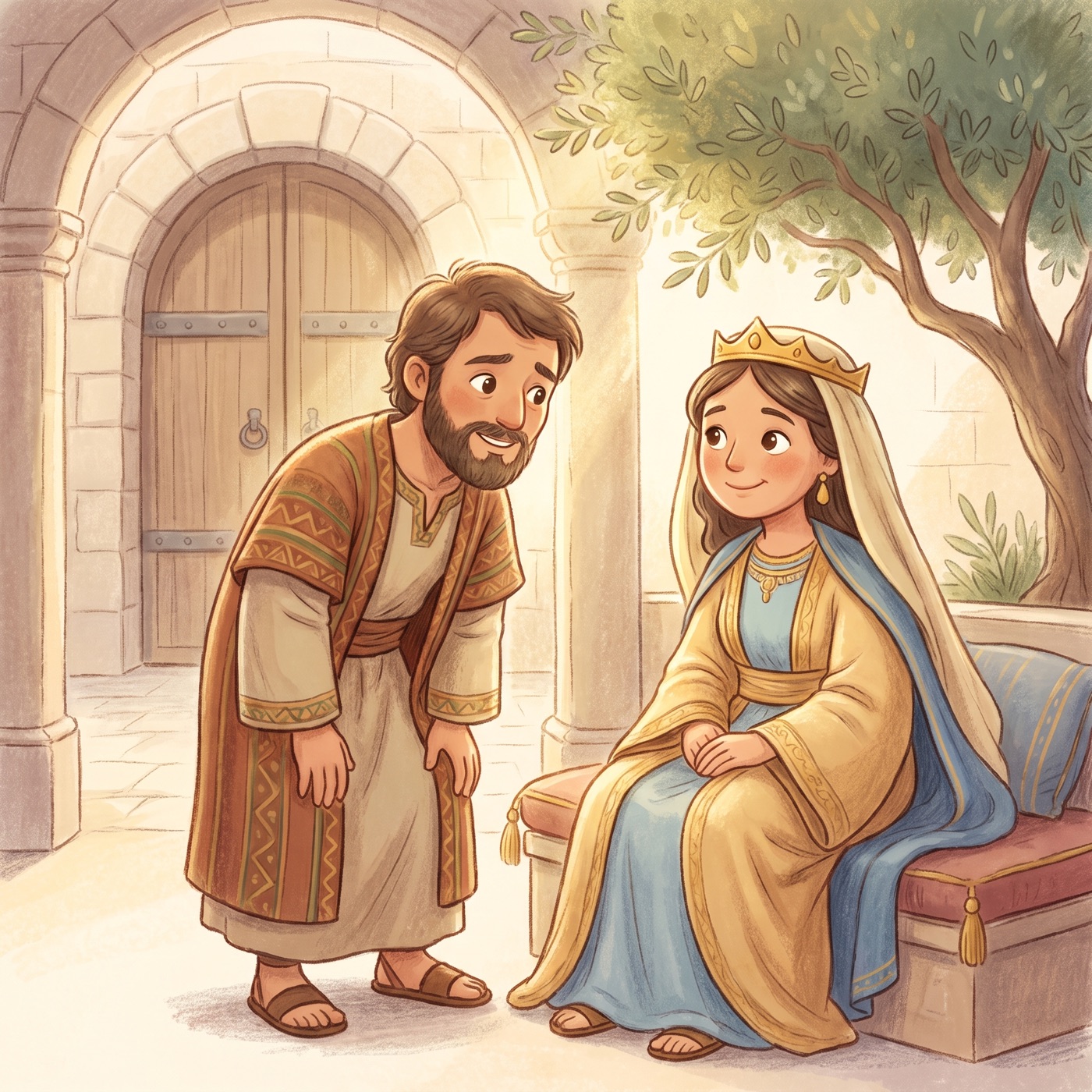 A thoughtful man sitting near a palace gate leaning in to warn a queen in royal robes, warm concerned expressions, soft golden light.