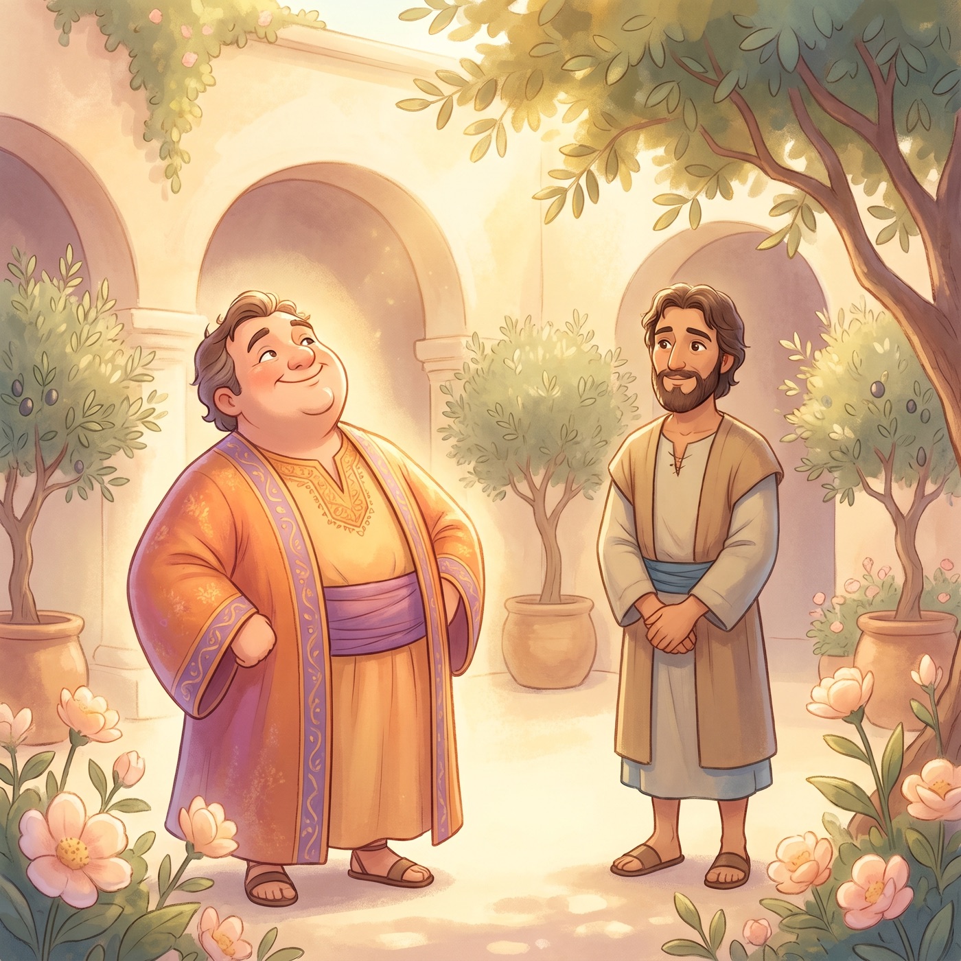 A proud man in fine robes with his chin raised high, while a calm humble man quietly stands nearby without bowing, gentle courtyard scene, warm light.