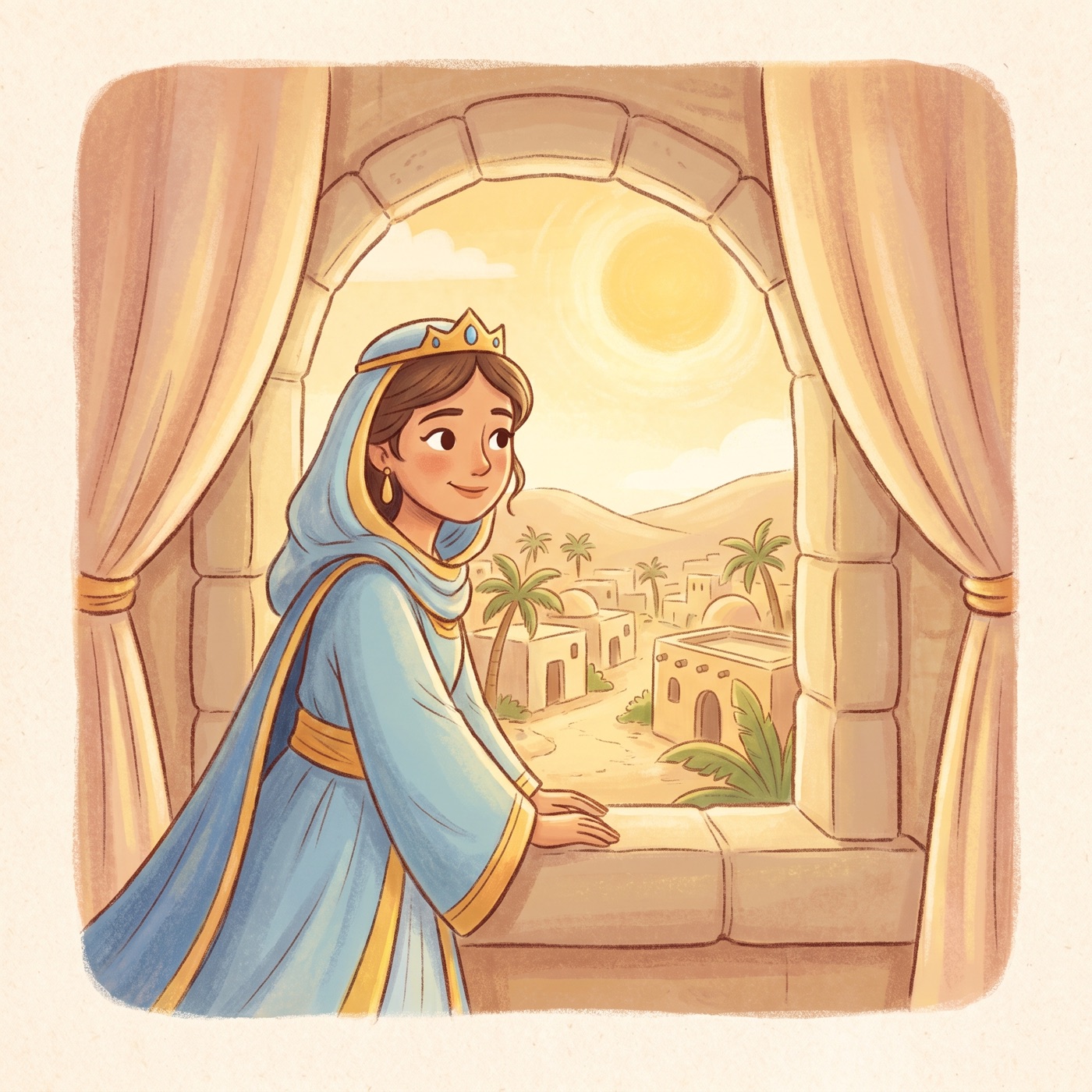 A thoughtful young queen in royal robes looking out a palace window with a determined, brave expression, soft warm light.
