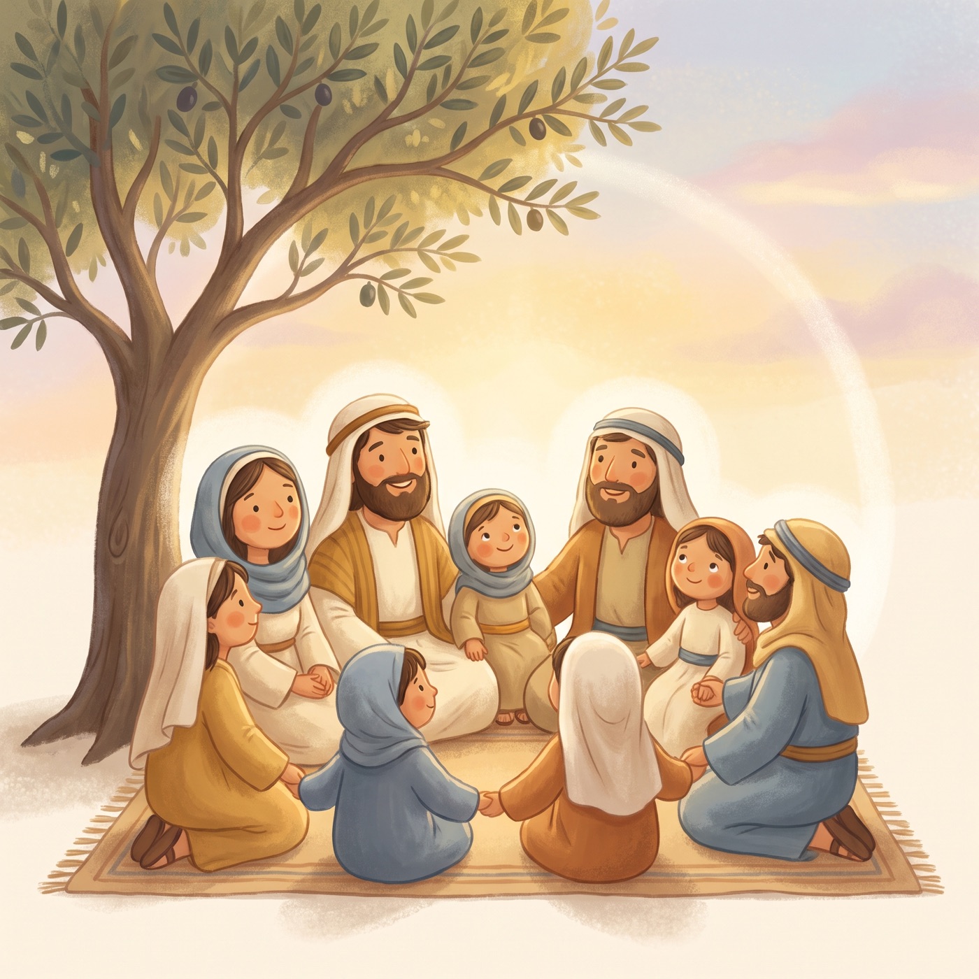 A group of ancient-Israel families sitting together peacefully with quiet hopeful faces, warm gentle light, thinking of someone they love.