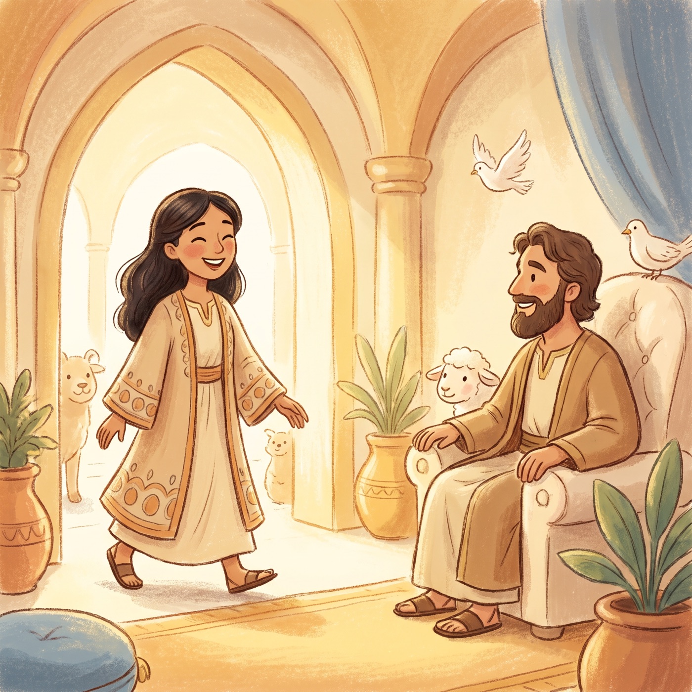 A brave queen in beautiful robes walking toward a kind smiling king on a throne, warm golden palace light, joyful welcoming expressions.