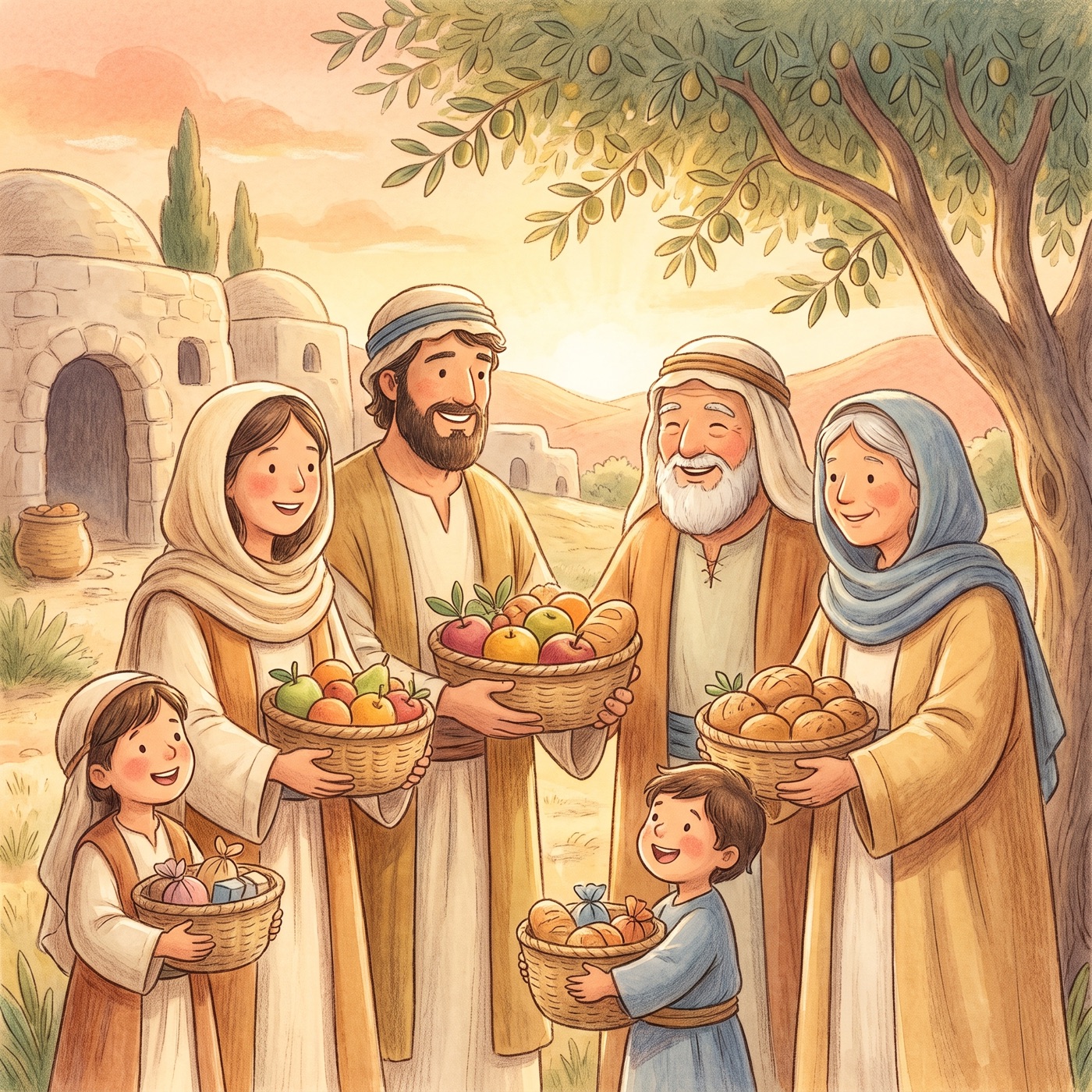 A joyful ancient-Israel family celebration with baskets of food and gifts being shared, happy faces, warm golden light, festive but modest.