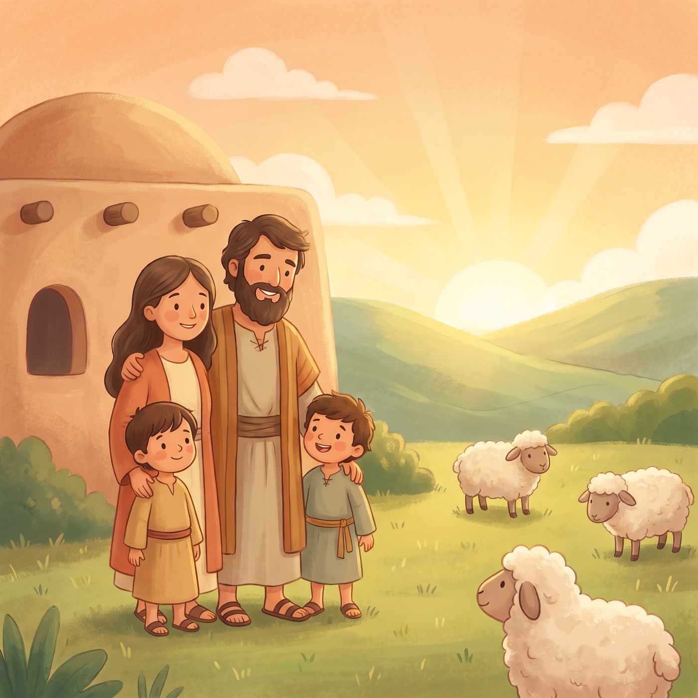 A kind bearded man in modest ancient-Israel robes standing outside a warm home at sunrise with his family nearby and gentle sheep in a green field, soft golden light.