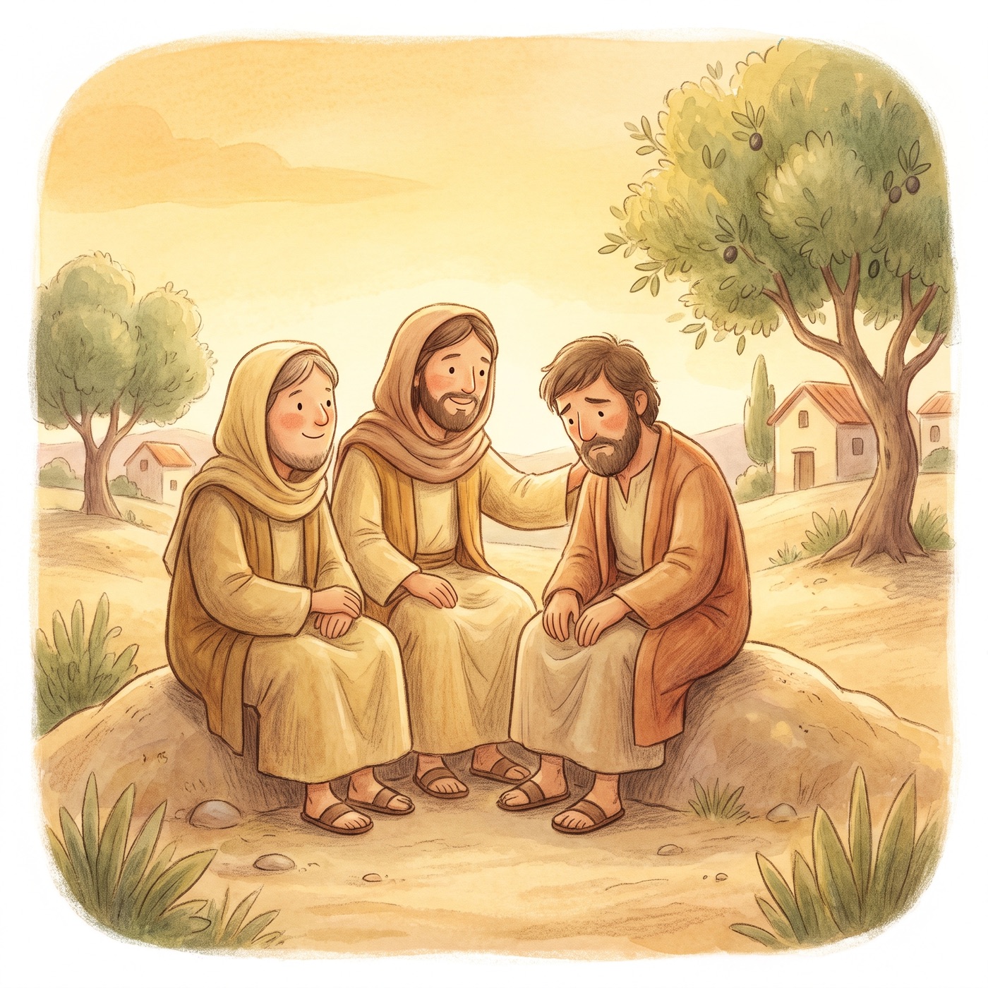 Three gentle friends in modest robes sitting quietly on the ground beside a sad man, one hand resting kindly on his shoulder, soft warm evening light, tender and comforting.