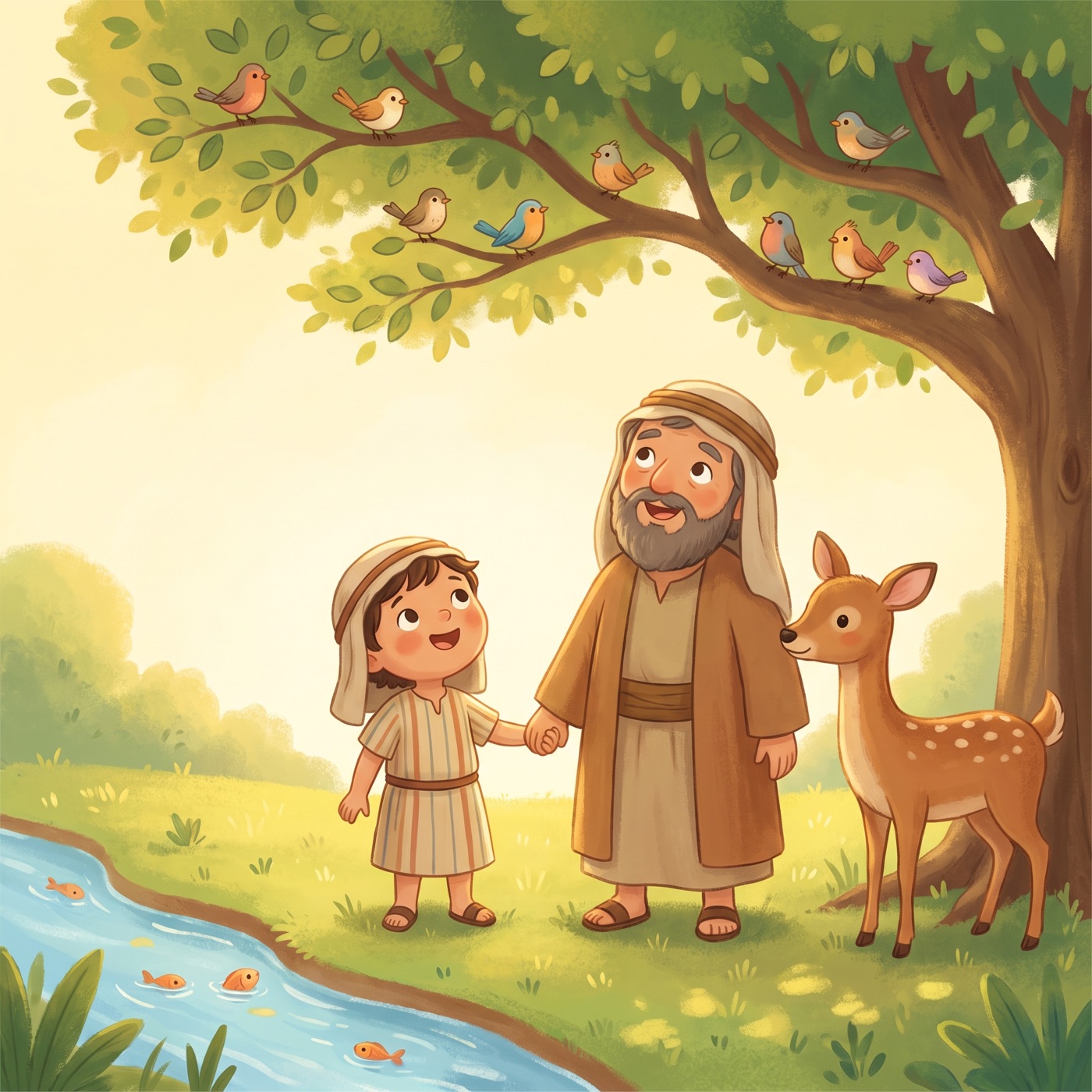 A wondering child and a kind older man looking up at colorful birds in a leafy tree, with a gentle deer and small fish in a stream nearby, bright cheerful daylight.