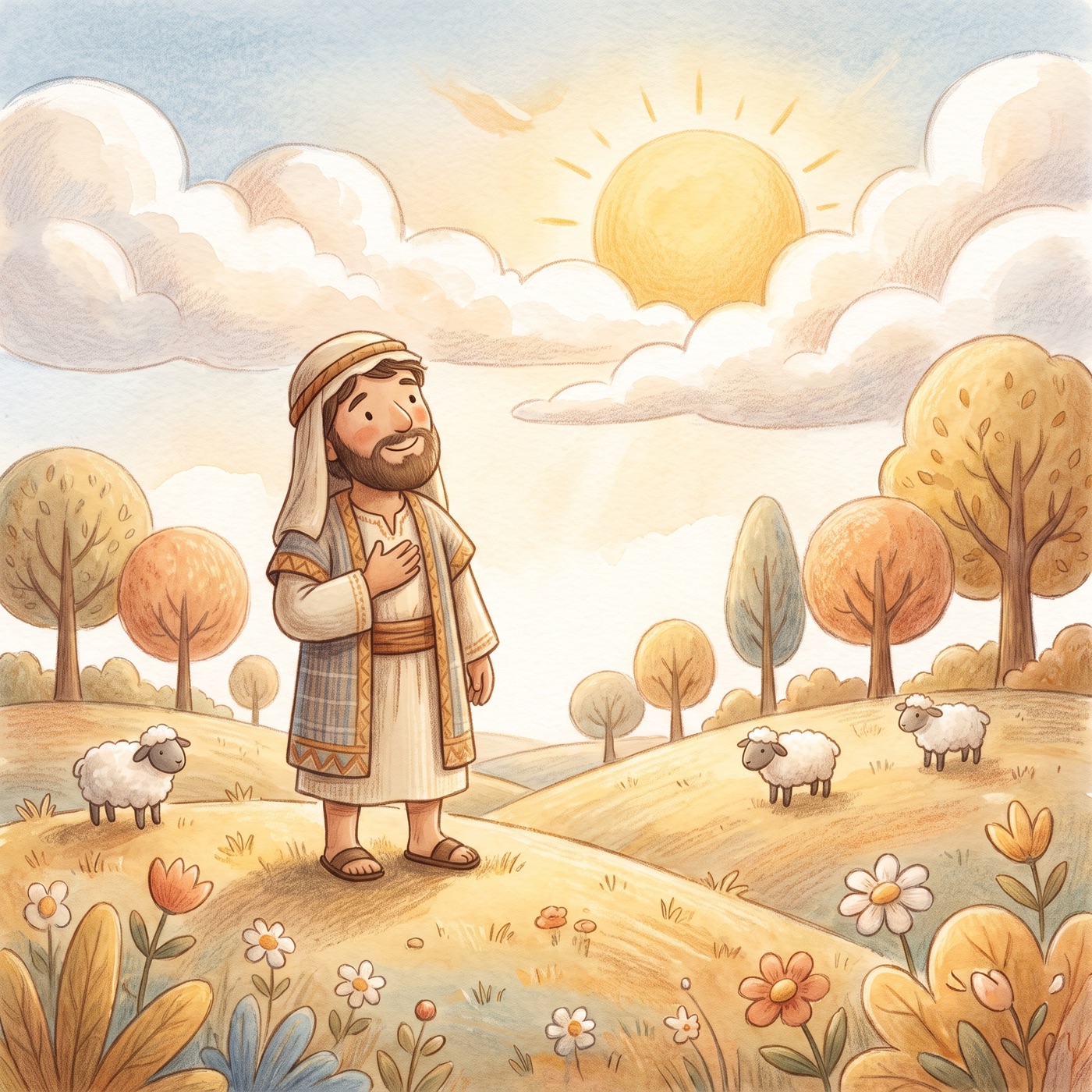 A hopeful man in modest robes with his hand over his heart, looking up at a warm sunrise breaking through soft clouds, peaceful and reverent.