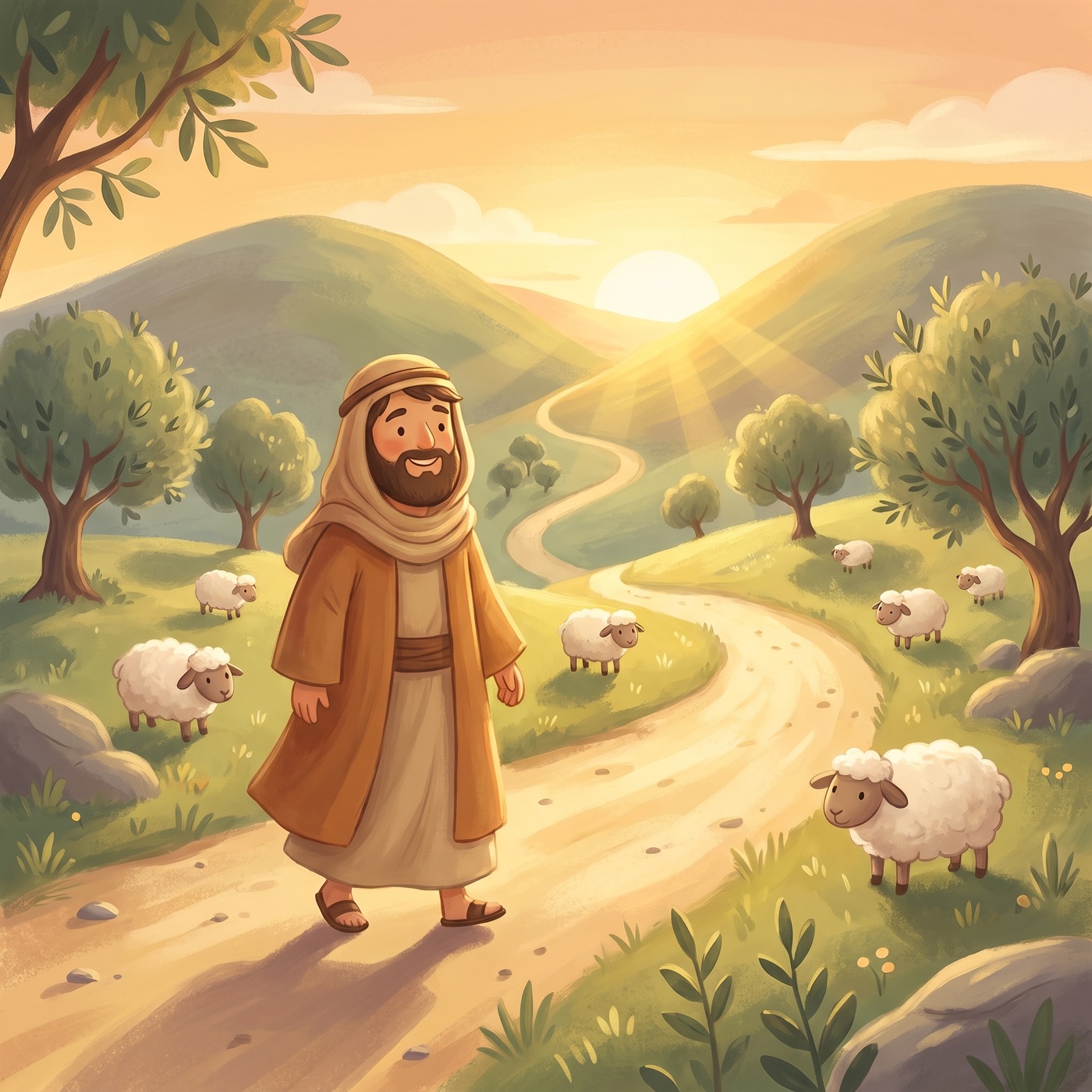 A man walking along a gentle winding path through soft green hills at golden hour, warm light showing the way ahead, calm and reassuring.