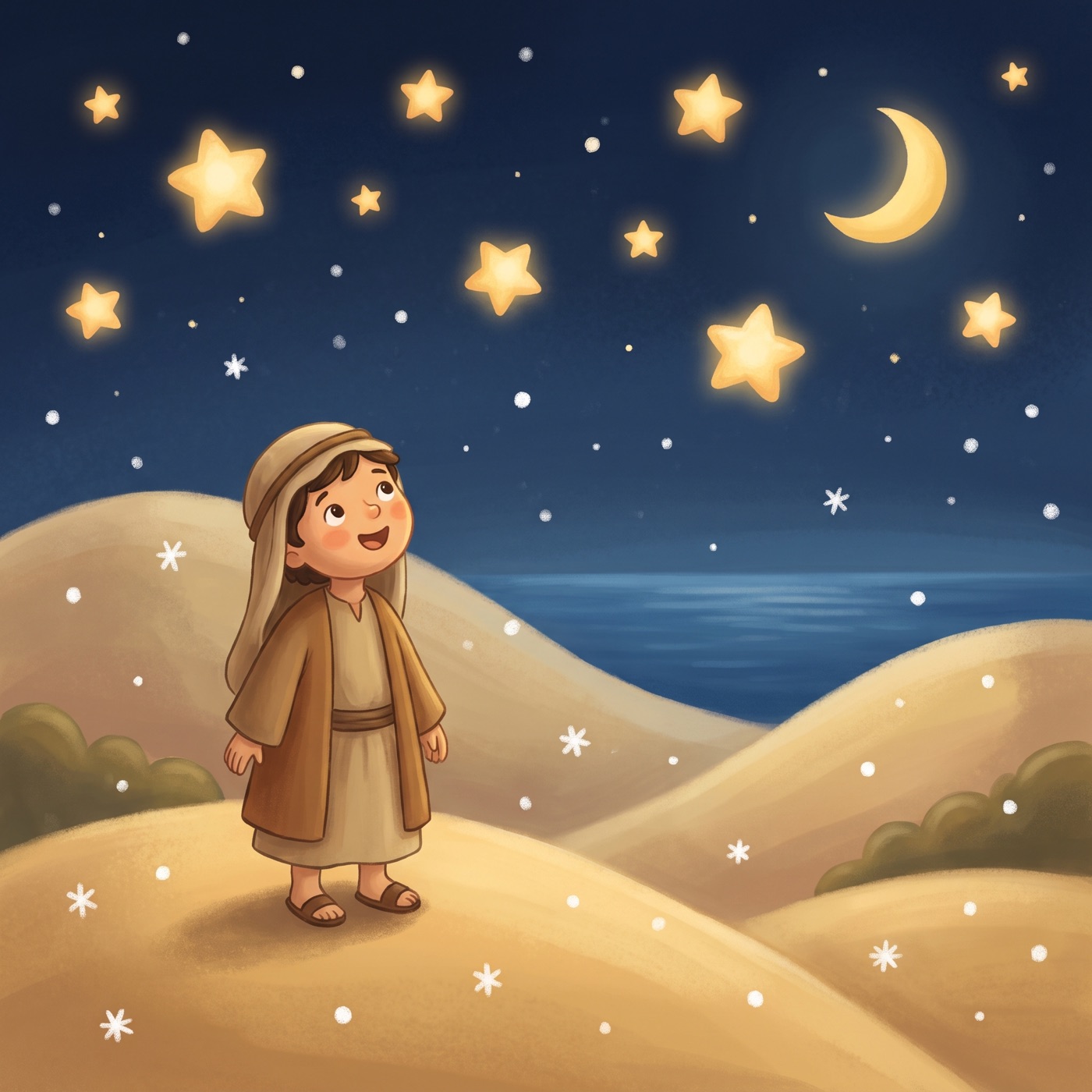 A wide peaceful night sky full of bright warm stars over gentle hills, with a small figure looking up in wonder, soft snowflakes and a calm sea in the distance, awe-filled and cozy.