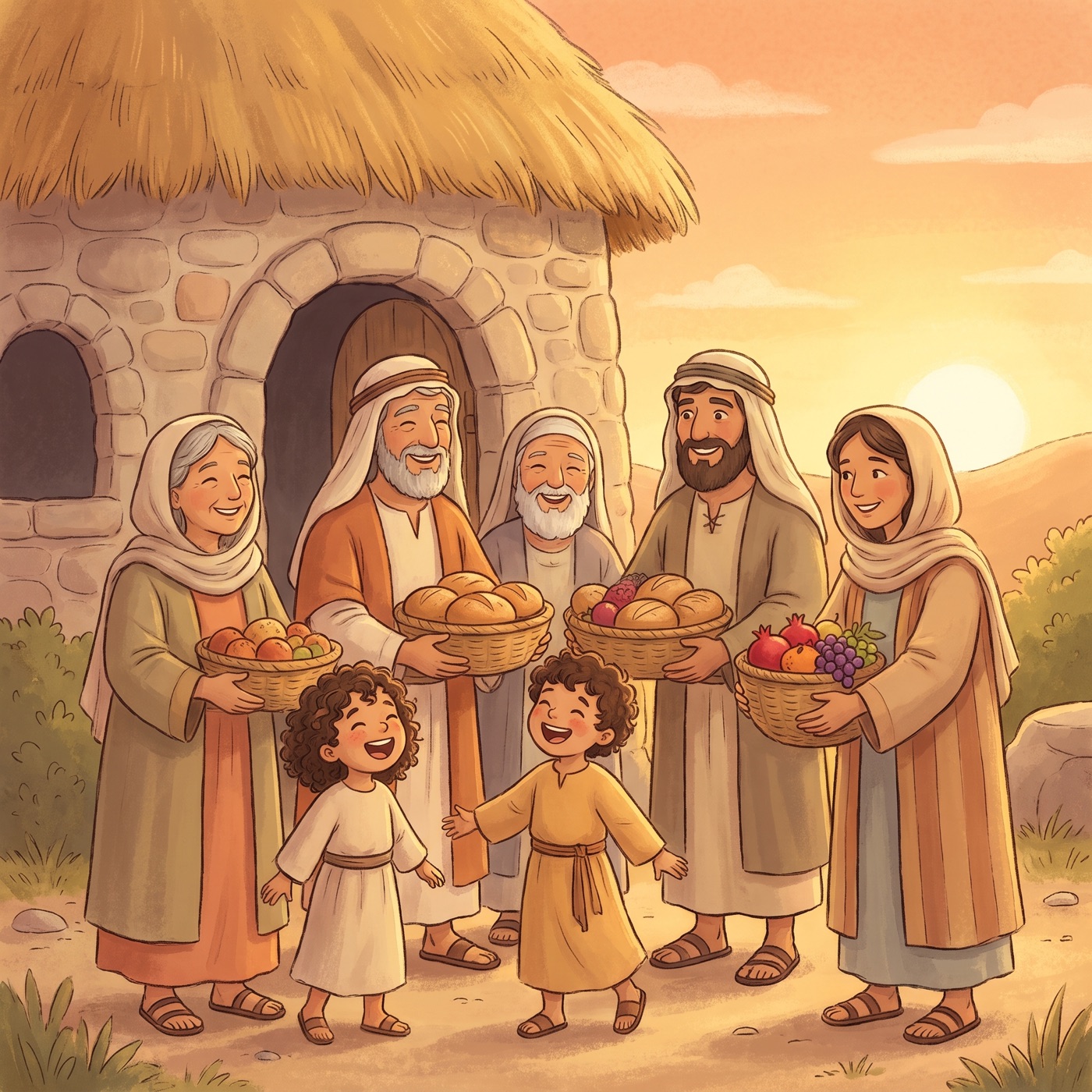 A joyful family gathering outside a warm home with grandchildren laughing, baskets of fruit and bread being shared, golden sunset light, festive and modest.