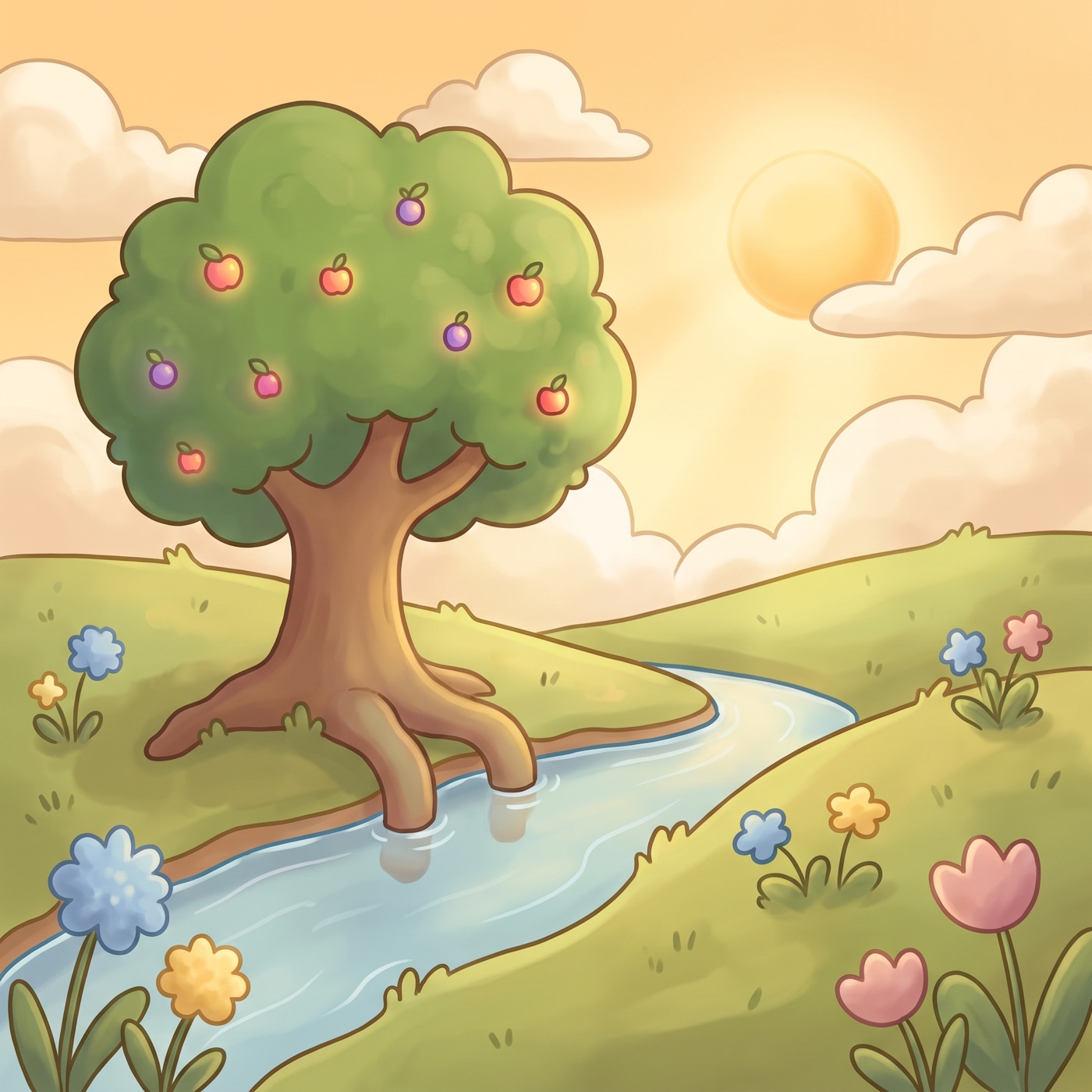 A small green tree with soft round leaves growing beside a gentle stream, tiny fruit on its branches, green grass and wildflowers, warm golden light, cheerful and peaceful.
