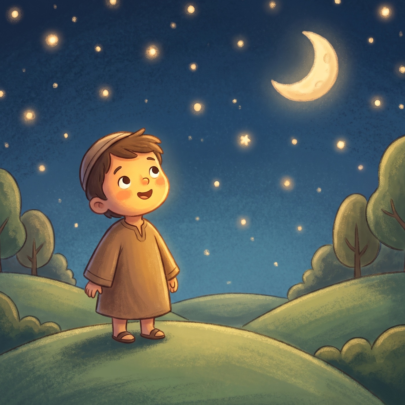 A young child in modest ancient-Israel robes standing on a soft grassy hillside at night, looking up at a big sky full of stars with a gentle round moon, warm golden glow on the child’s face, calm and full of wonder.