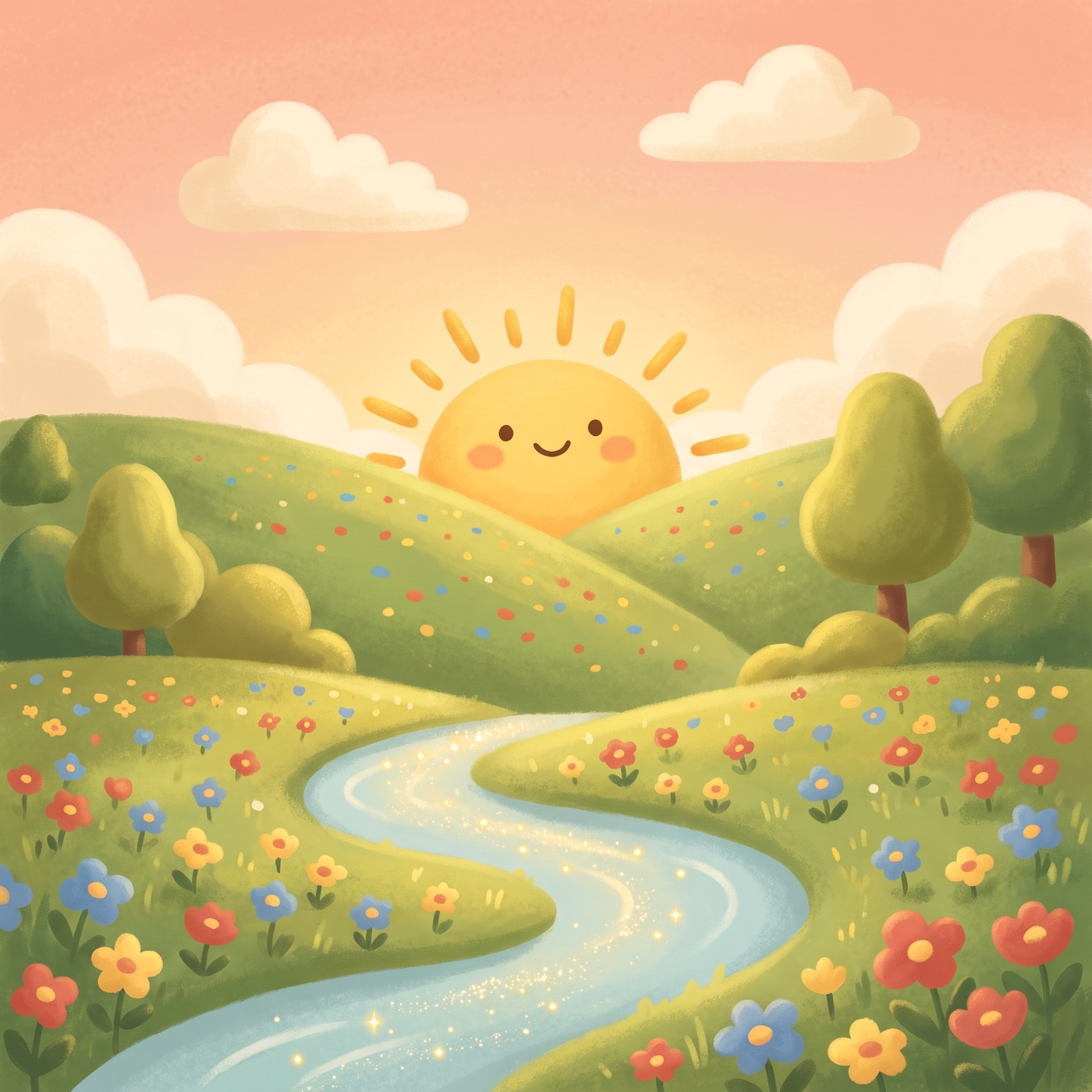 A bright cheerful sunrise over green rolling hills, golden light spilling across a meadow of flowers and a small stream, a few soft clouds, warm and joyful.