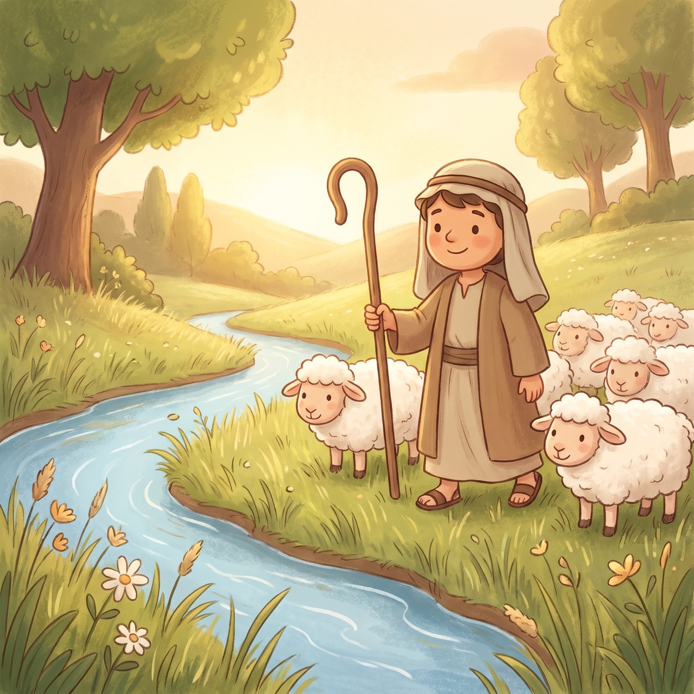 A gentle young shepherd in modest ancient-Israel robes walking among soft woolly sheep beside a calm, quiet stream in tall green grass, holding a long wooden shepherd’s crook, warm golden afternoon light, safe and peaceful.