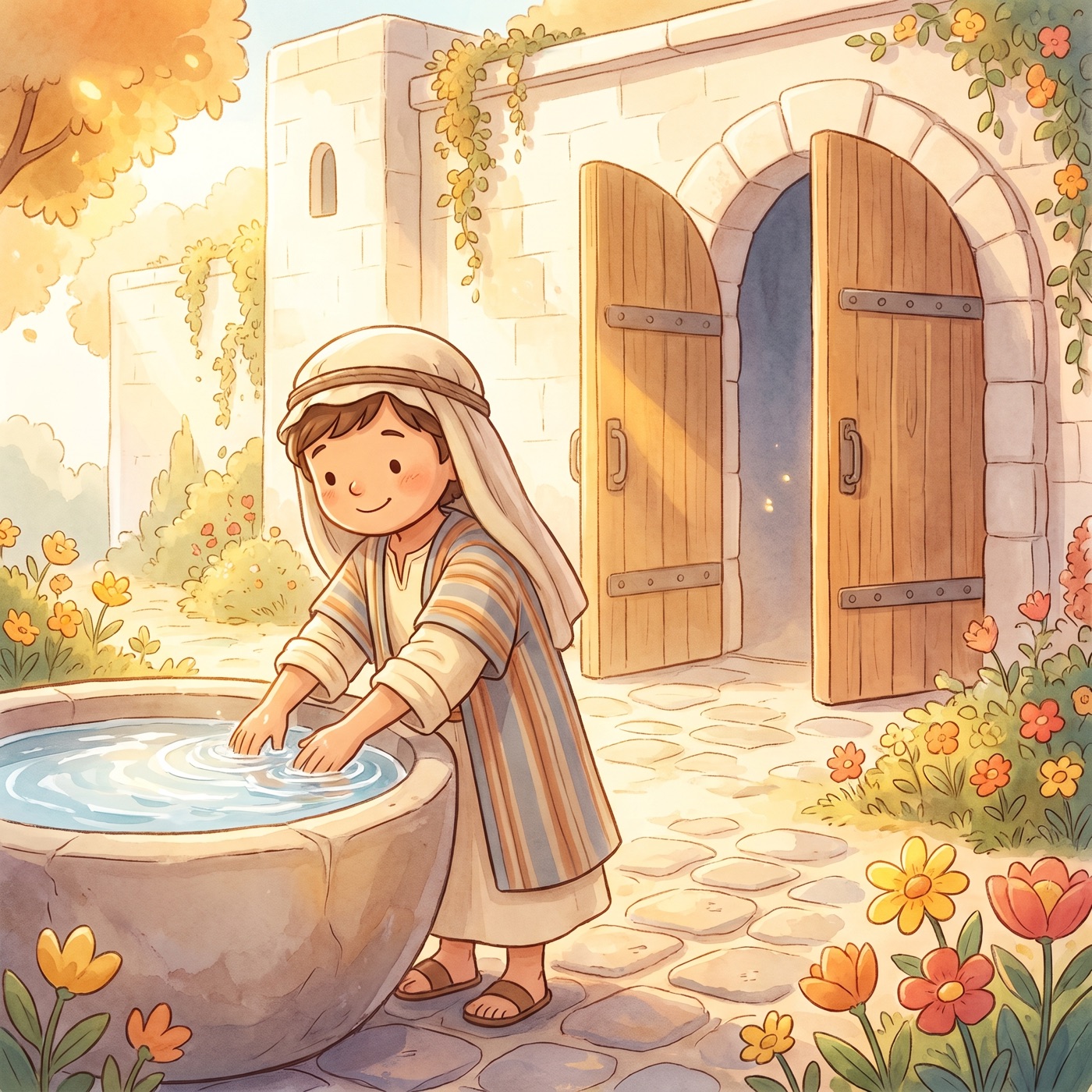 A cheerful young child in modest ancient-Israel robes washing hands in a stone basin of clear water outside a beautiful bright stone building with tall open gates, flowers along the path, warm morning light.