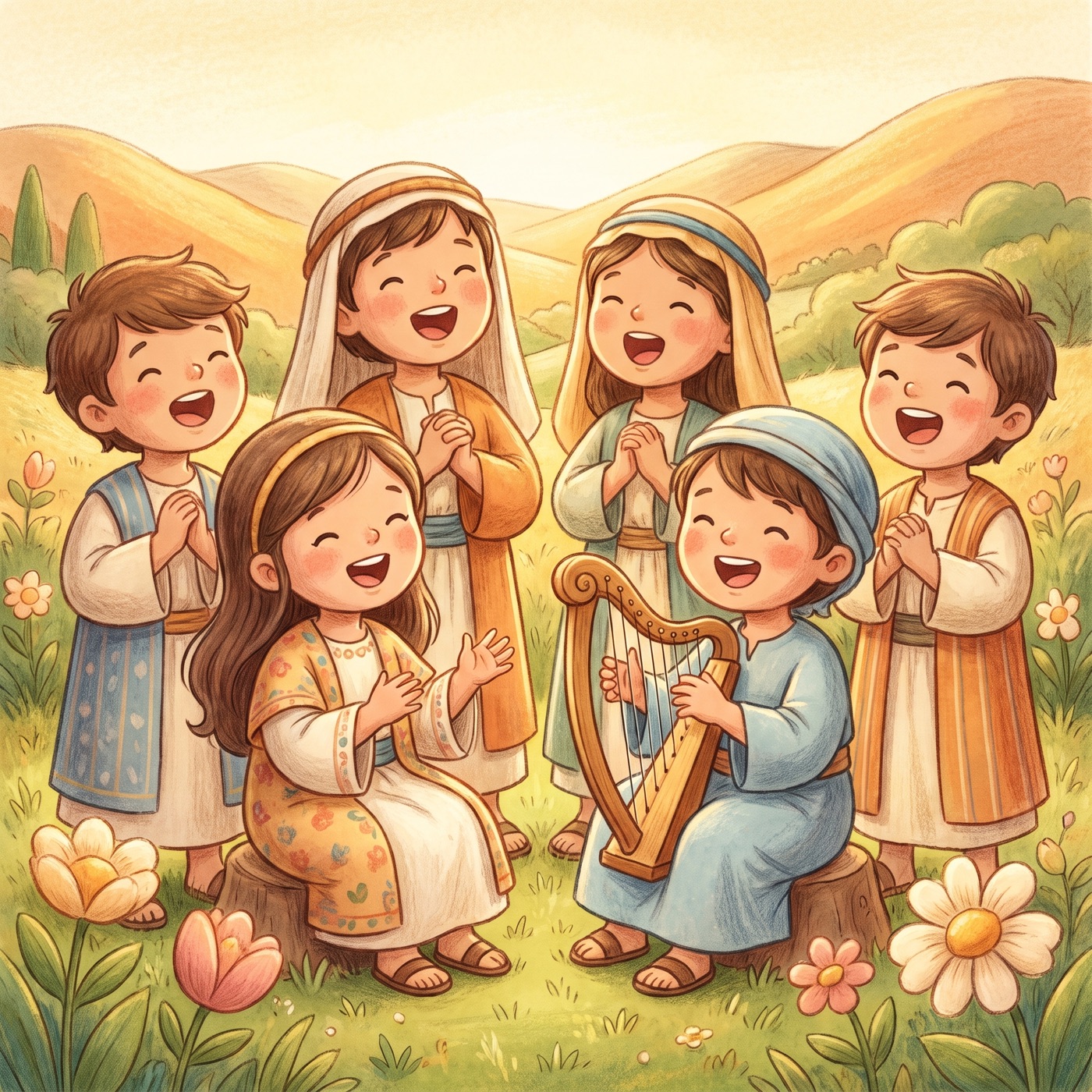 A group of happy children in modest ancient-Israel robes singing together outdoors, one gently strumming a small wooden harp, green grass and flowers all around, warm golden light, joyful.