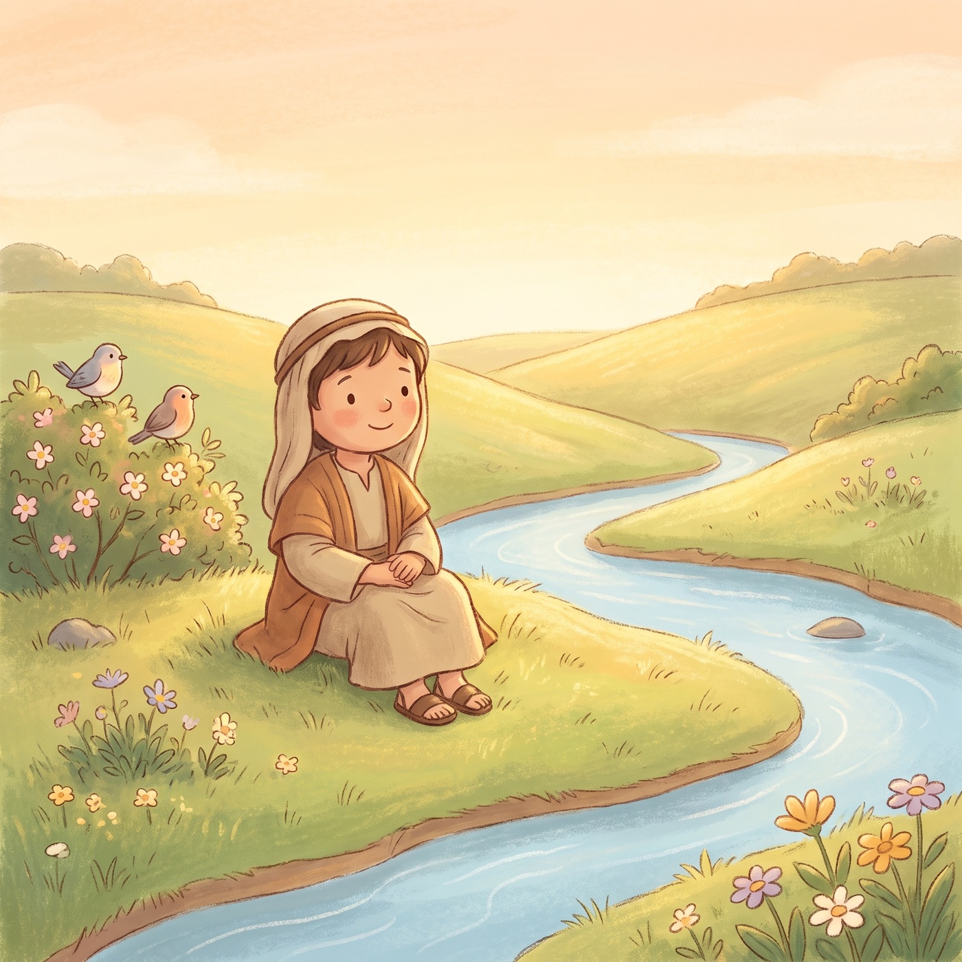 A small child in modest ancient-Israel robes sitting peacefully on soft grass beside a calm river at golden hour, hands resting in their lap, gentle smile, birds and flowers nearby, serene and warm.