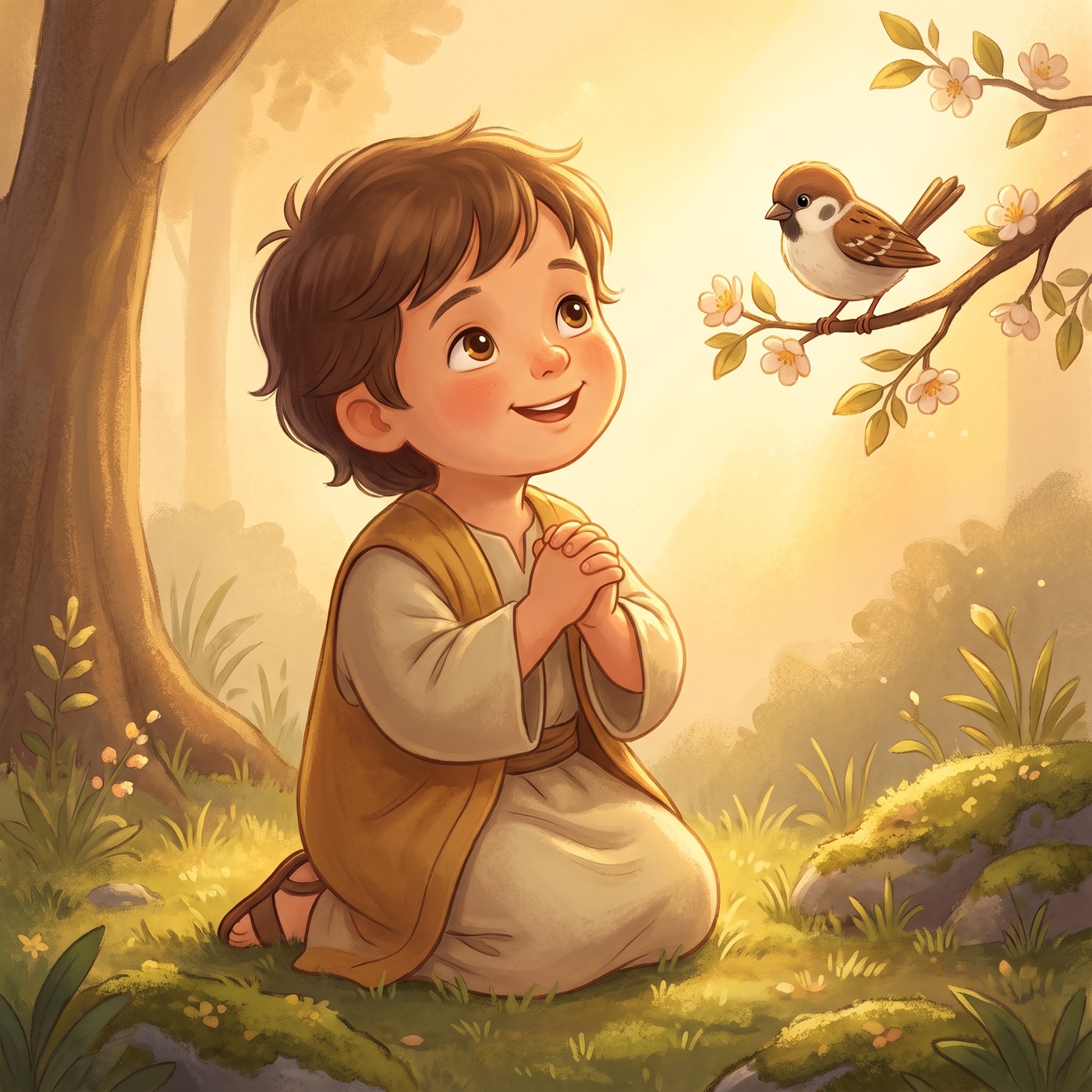 A young child in modest ancient-Israel robes kneeling on soft grass with hands clasped gently, looking up with a hopeful smile, warm golden morning light, a small bird nearby, peaceful and tender.