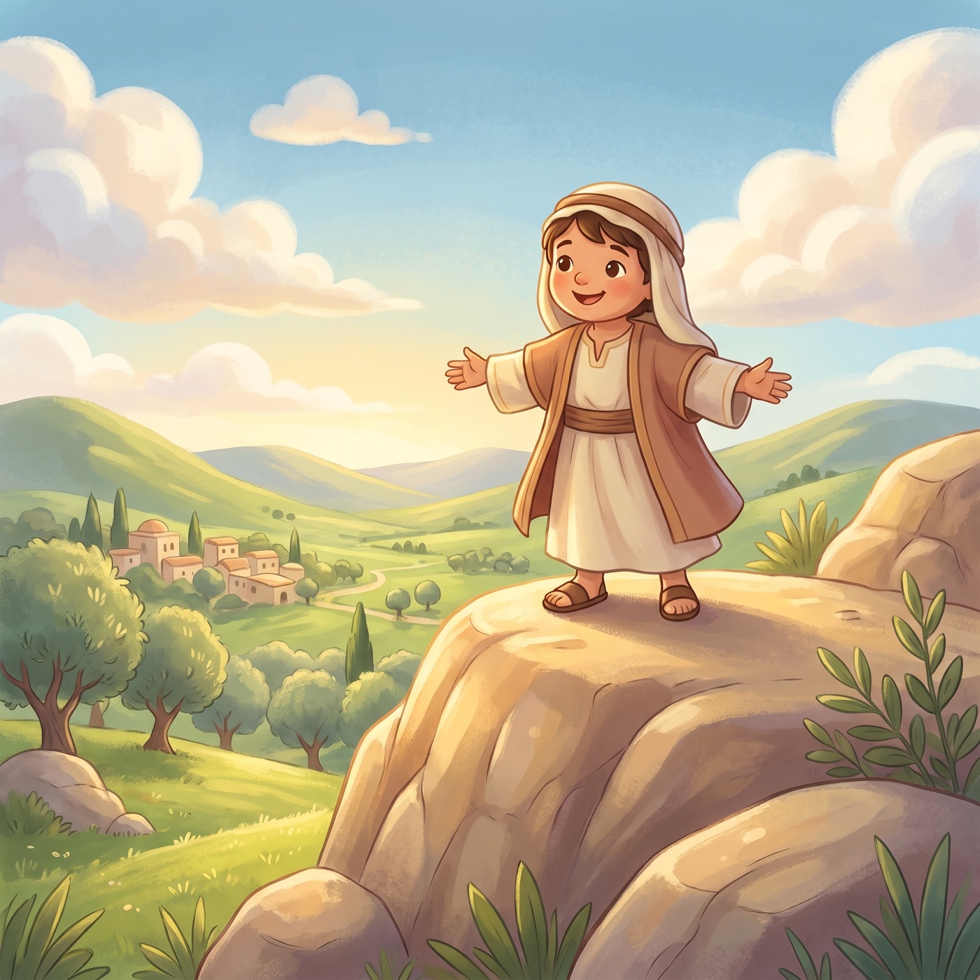 A small child in modest ancient-Israel robes standing atop a warm sunlit rocky outcrop overlooking a green valley, arms slightly spread, joyful and safe, soft clouds in a blue sky.