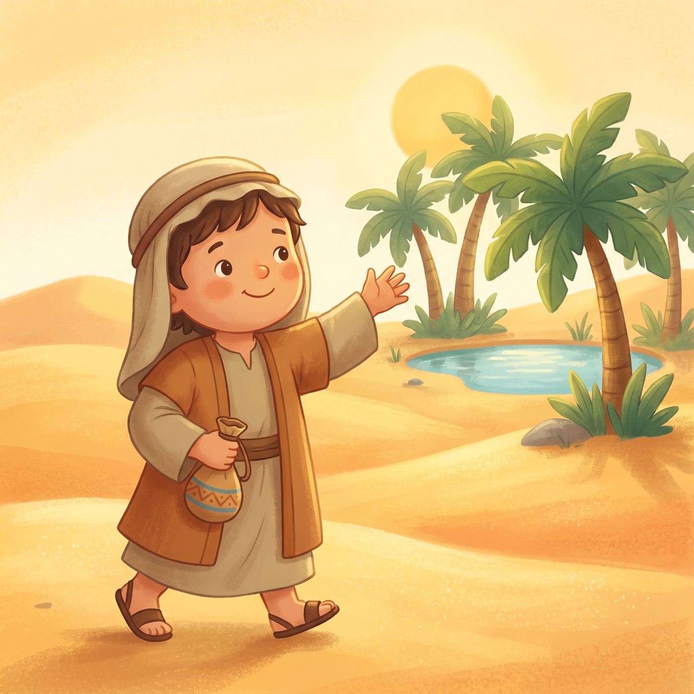 A young child in modest ancient-Israel robes walking across a warm golden desert landscape with a small water pouch, reaching toward a distant green oasis with palm trees, hopeful expression, warm sunlight.