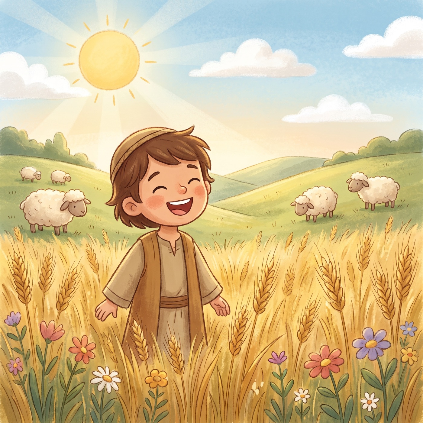 A joyful child in modest ancient-Israel robes standing in a lush golden wheat field at harvest time, surrounded by rolling green hills, wildflowers, and grazing sheep, bright sunny sky, abundant and cheerful.