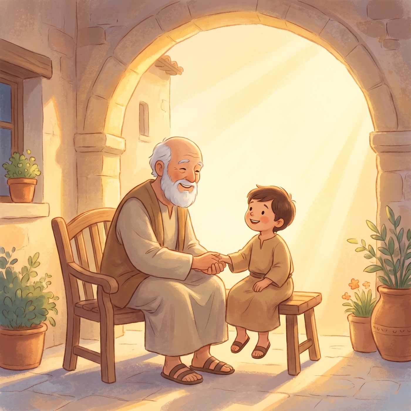 An elderly grandparent and a young child in modest ancient-Israel robes sitting together on a bench outside a warm stone home, holding hands, gentle smiles, golden late-afternoon light, tender and warm.