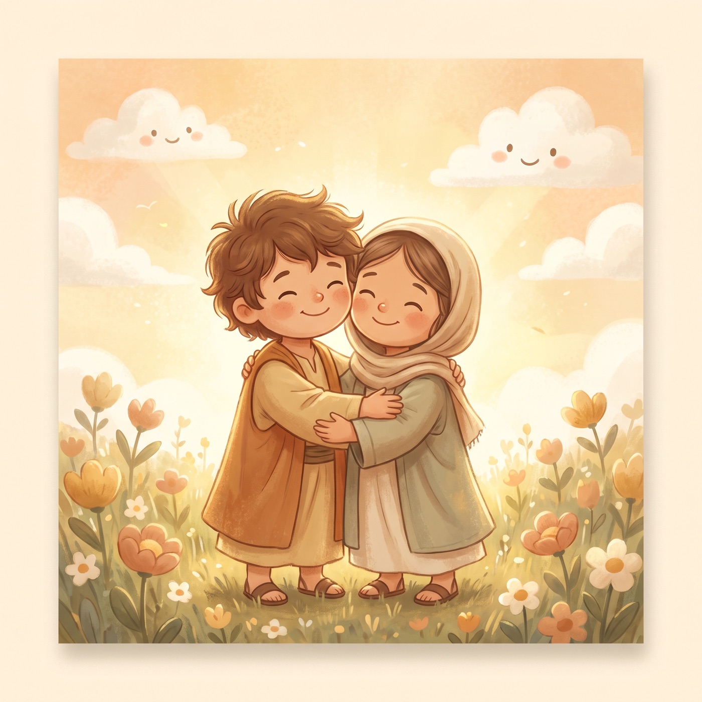 Two young children in modest ancient-Israel robes embracing warmly in a peaceful meadow at golden hour, flowers blooming around them, soft clouds, gentle and joyful, radiating friendship and calm.