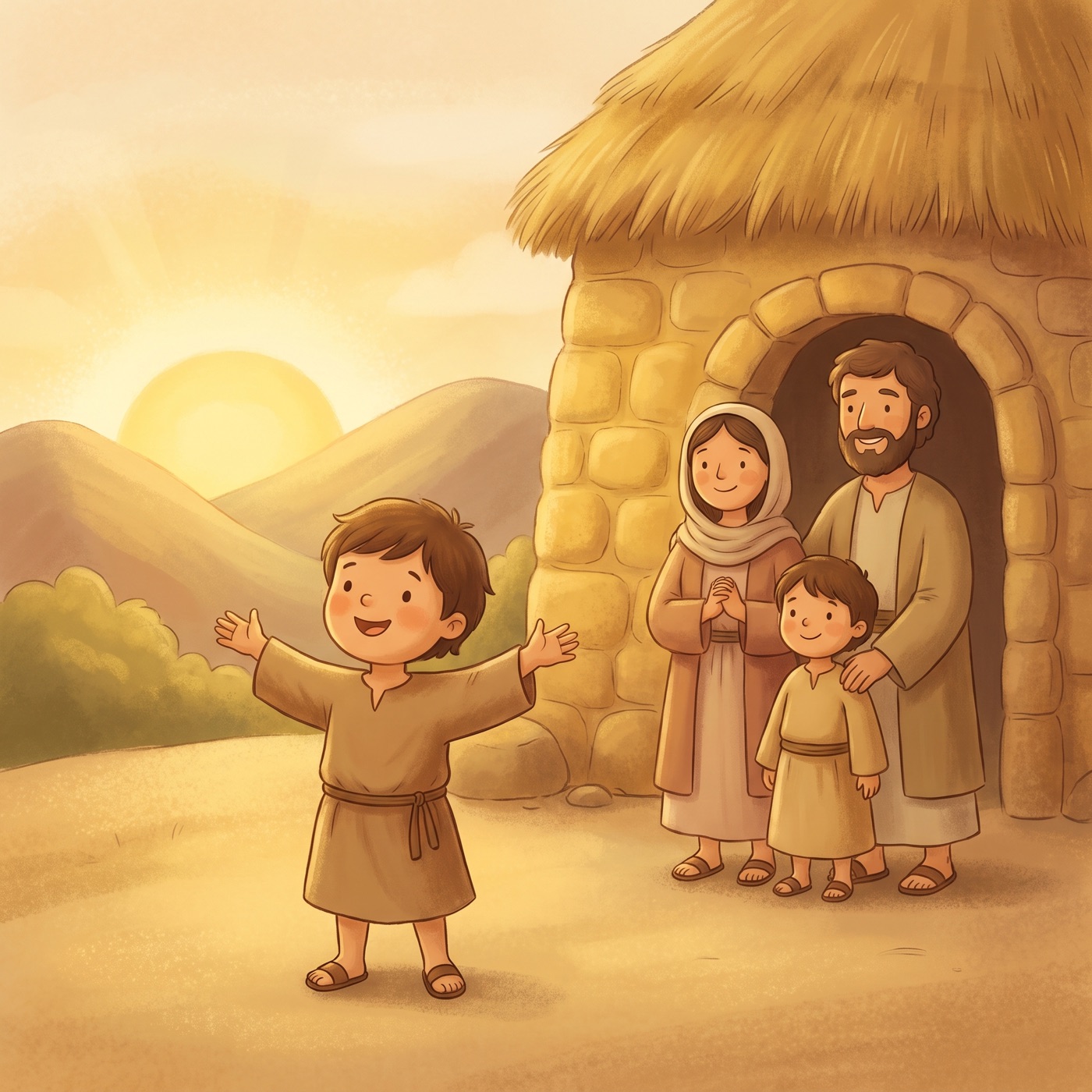 A cheerful child in modest ancient-Israel robes standing with arms raised joyfully at sunset outside a warm stone home, family gathered nearby, soft golden light, worshipful and happy.