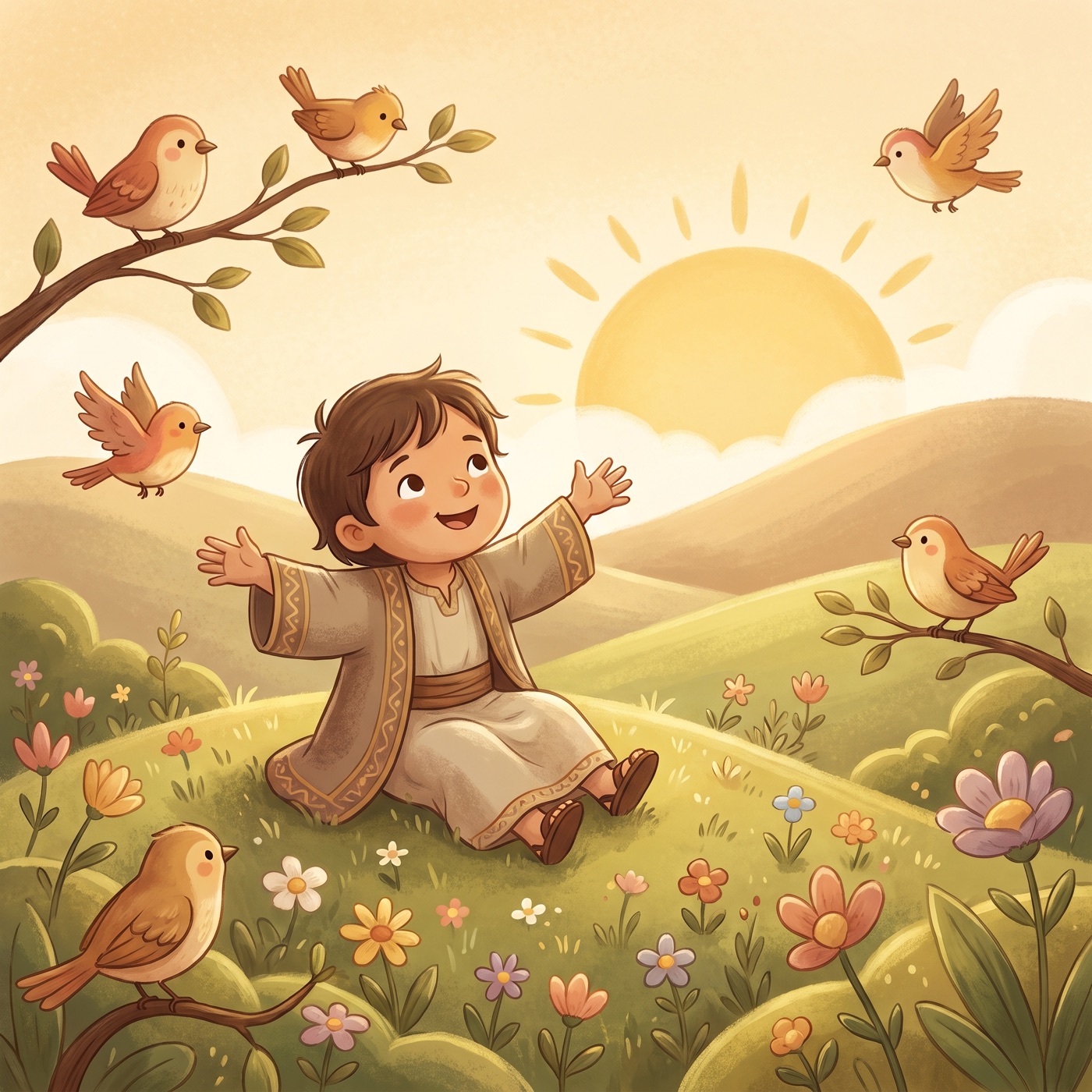 A young child in modest ancient-Israel robes sitting on soft grass at sunrise with arms open wide and a happy upturned face, surrounded by wildflowers and a few small birds, warm golden light, peaceful and thankful.