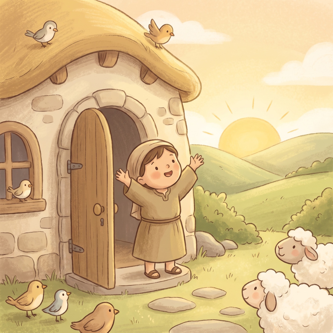 A cheerful child in modest ancient-Israel robes standing in an open doorway of a warm stone house at sunrise, stretching arms toward a bright new morning, rolling green hills beyond, soft golden light, hopeful and joyful.
