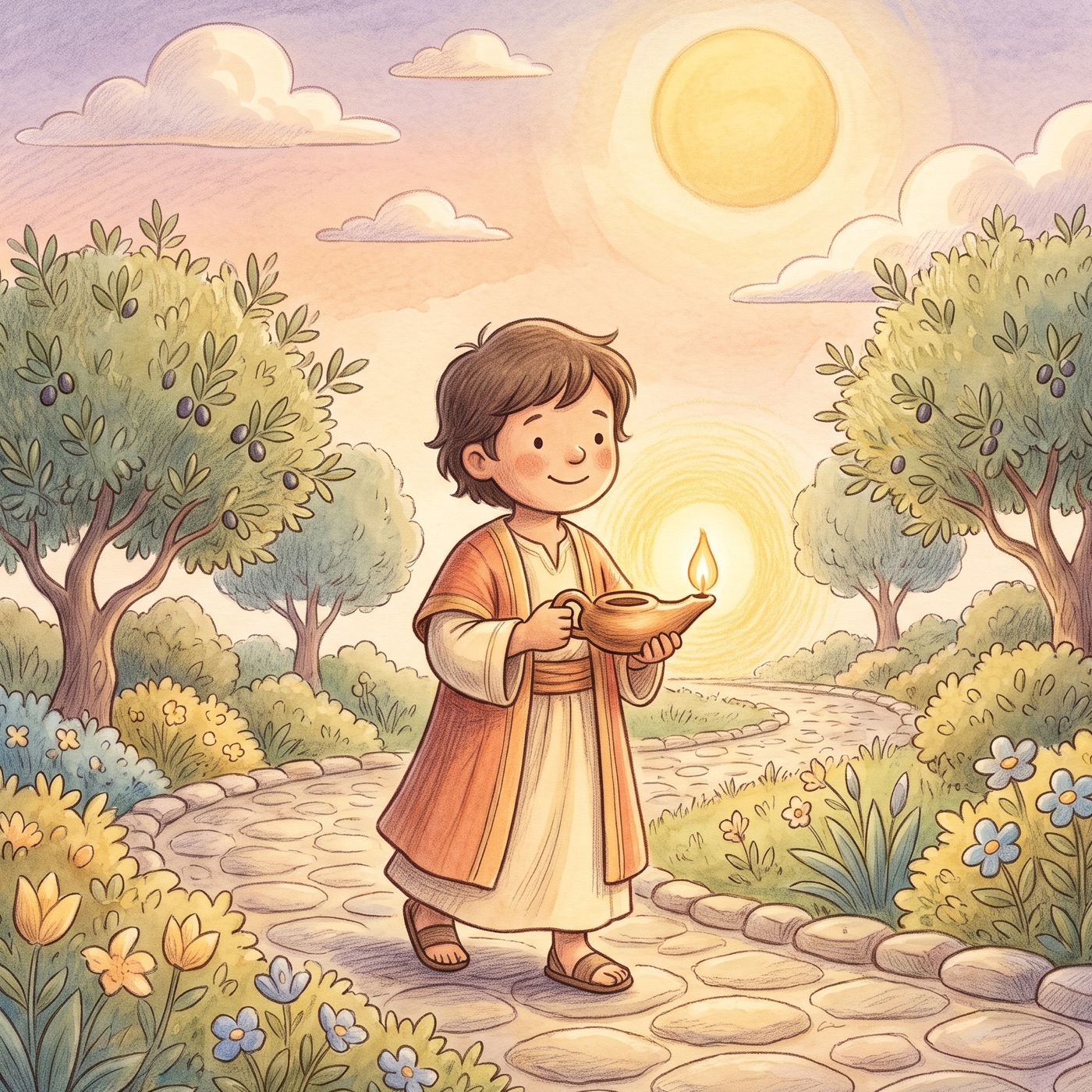 A young child in modest ancient-Israel robes holding a small glowing clay oil lamp with both hands, walking along a winding stone path between olive trees and wildflowers, warm evening sun low in a soft pink and lavender sky, calm and cozy.