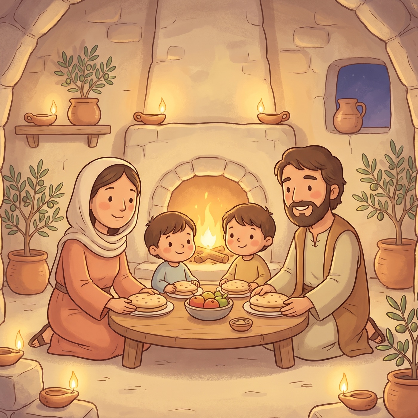 A warm family scene in modest ancient-Israel robes gathered around a low wooden table sharing bread and fruit inside a cozy stone house, small leafy olive plants in pots around the room, soft candlelight, close and happy.