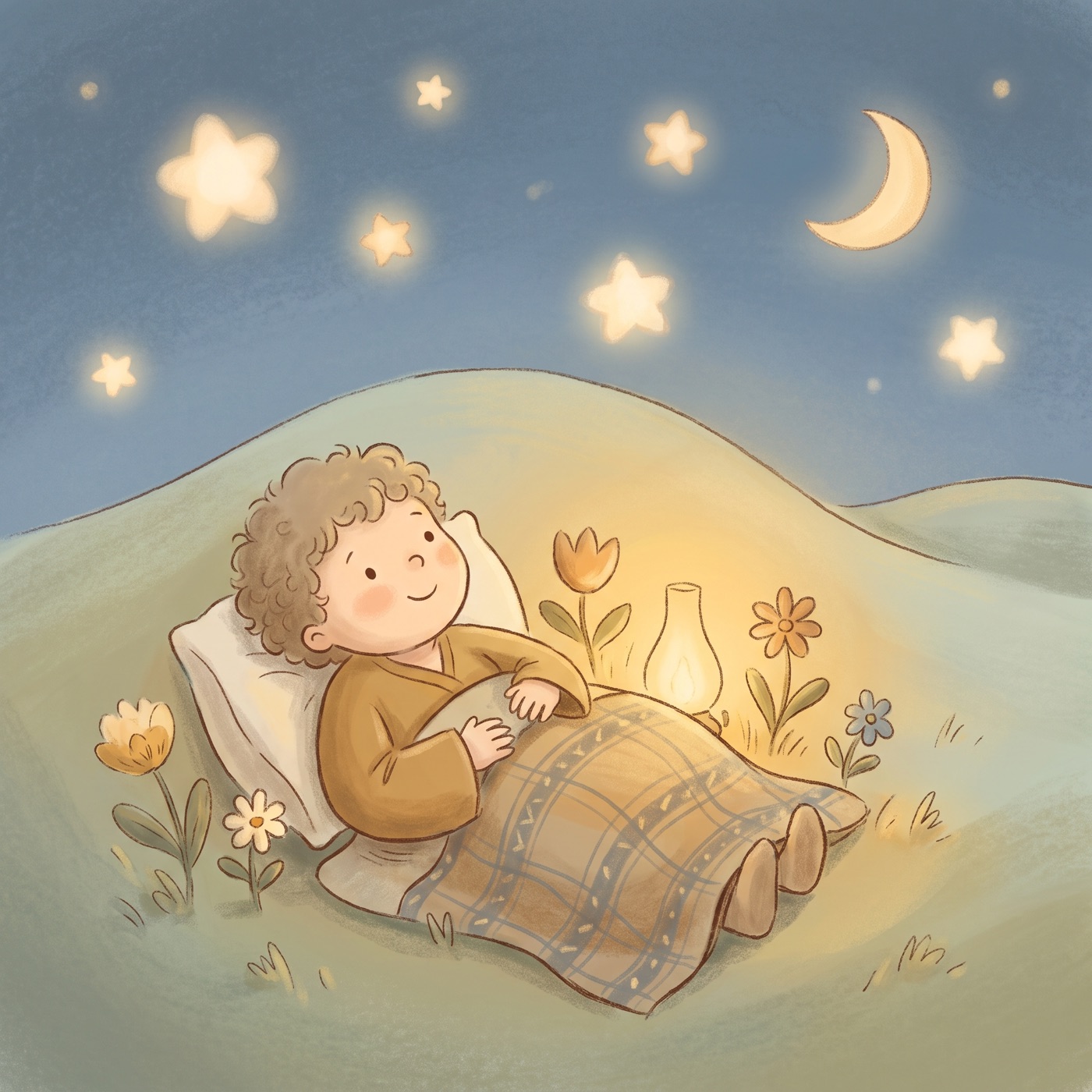 A young child in modest ancient-Israel robes tucked under a cozy blanket with a pillow on a soft grassy hillside, smiling up at a calm night sky with big soft stars and a crescent moon, a small lantern glowing warmly beside them, safe and peaceful.