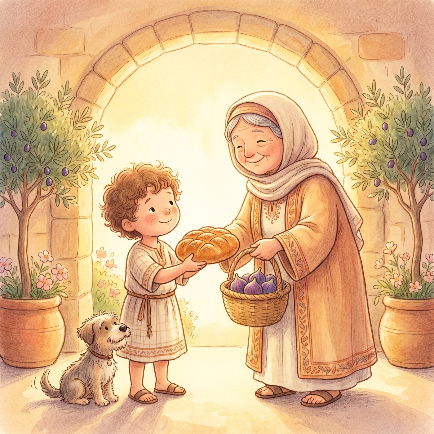 A young child in modest ancient-Israel robes and a smiling older neighbor sharing a round loaf of bread between them at a sunny stone archway, a basket of figs in her hand, olive trees and flowers around, a small friendly dog looking up, warm golden light.