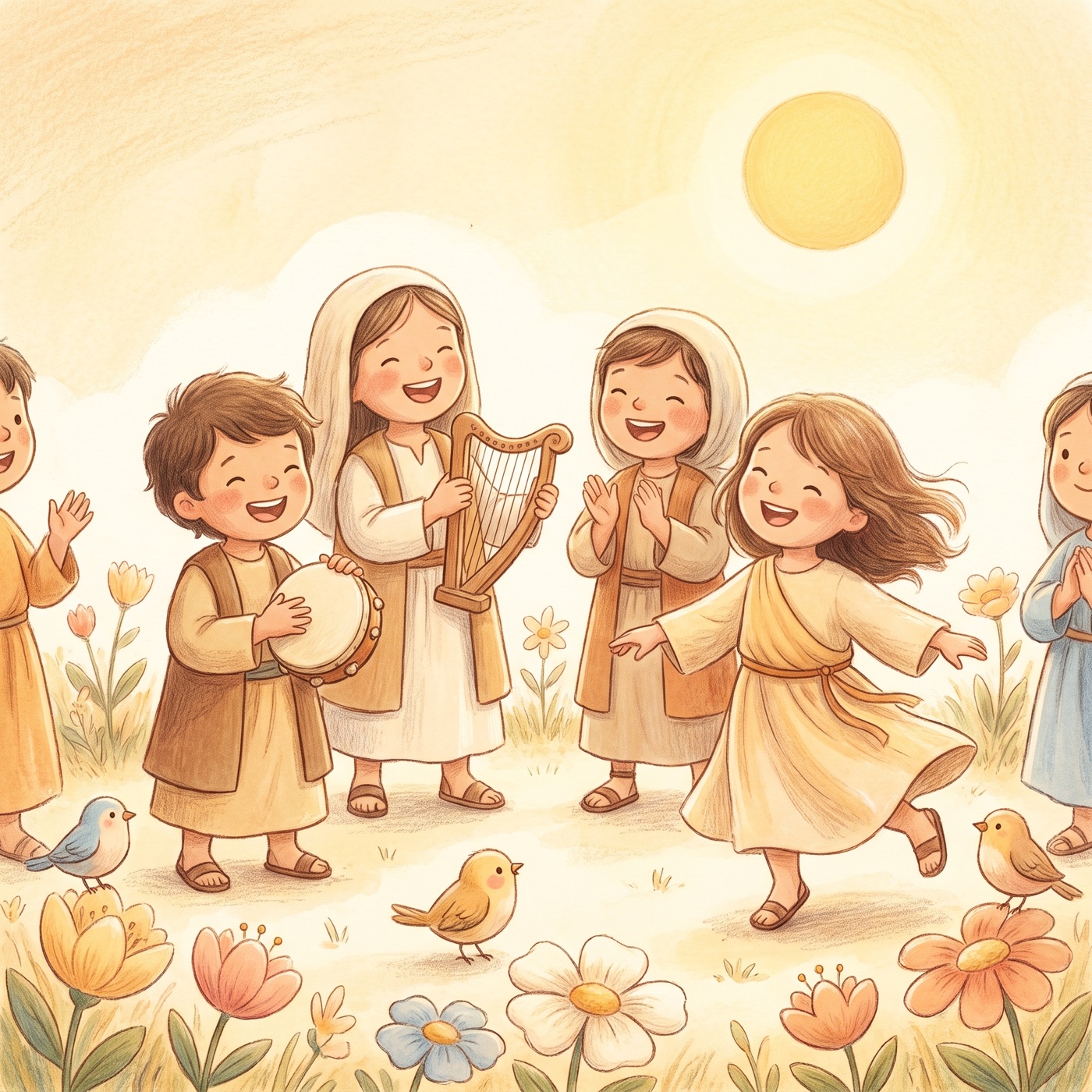 A joyful group of children in modest ancient-Israel robes making music together outdoors — one with a small hand drum, one with a simple harp, one clapping, one dancing — colorful flowers and birds around them, bright warm sunlight, festive and happy.