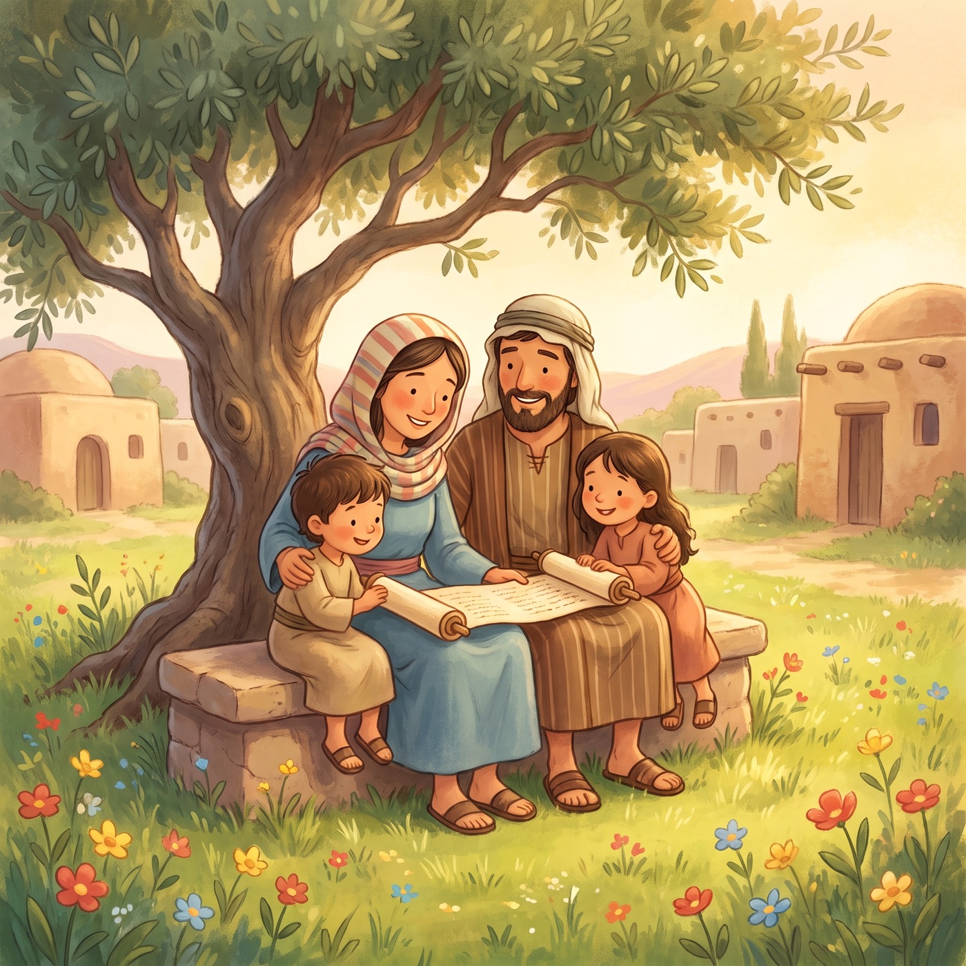 A mother and father in modest ancient-Israel robes sitting together on a low stone bench under a leafy olive tree with their two small children gathered close, an open scroll across their laps, everyone smiling warmly at each other, green grass and colourful wildflowers all around, sunny day.
