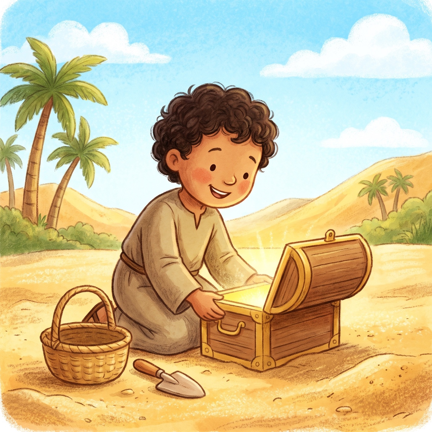 A delighted child in modest ancient-Israel robes kneeling in warm sandy earth beside a small wooden treasure chest they have just uncovered, the open lid spilling a soft golden glow, a little woven basket and a small trowel beside them, sunny day.