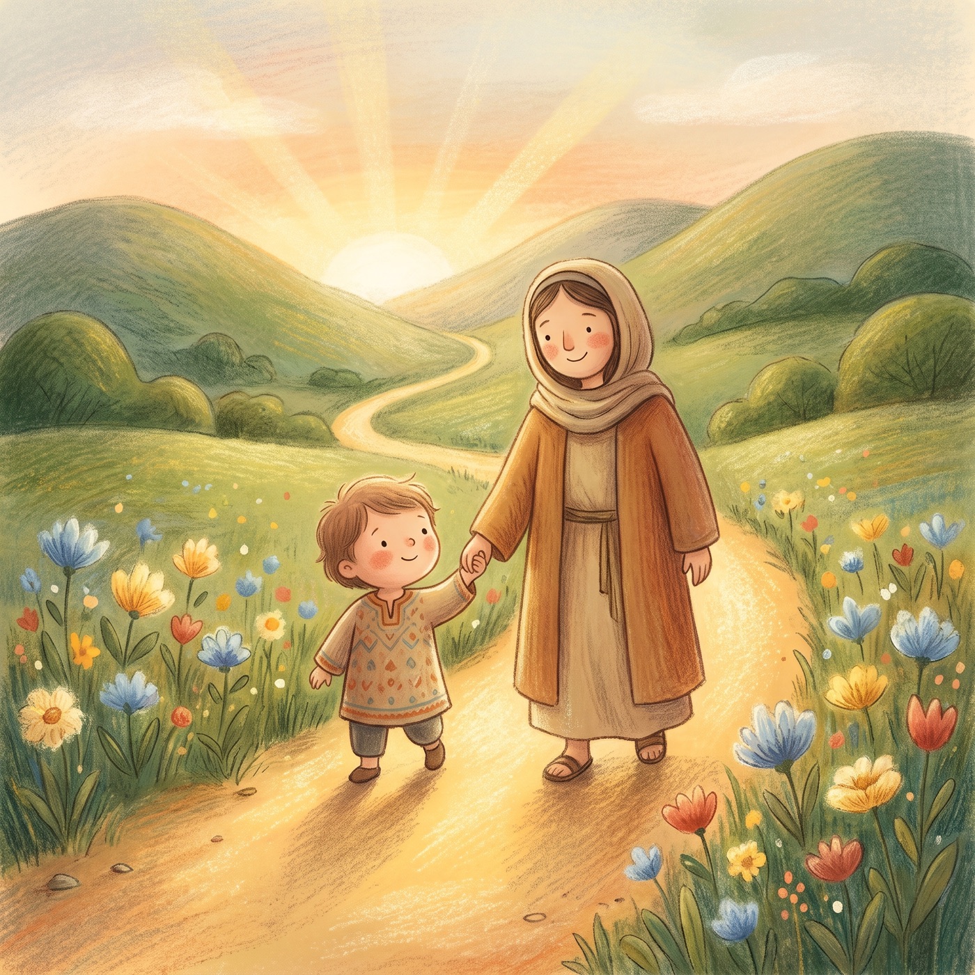 A small child in modest ancient-Israel robes holding the hand of a kind grown-up as they walk together up a gentle winding path through soft green hills at sunrise, the path glowing warm and bright ahead, wildflowers along both edges.