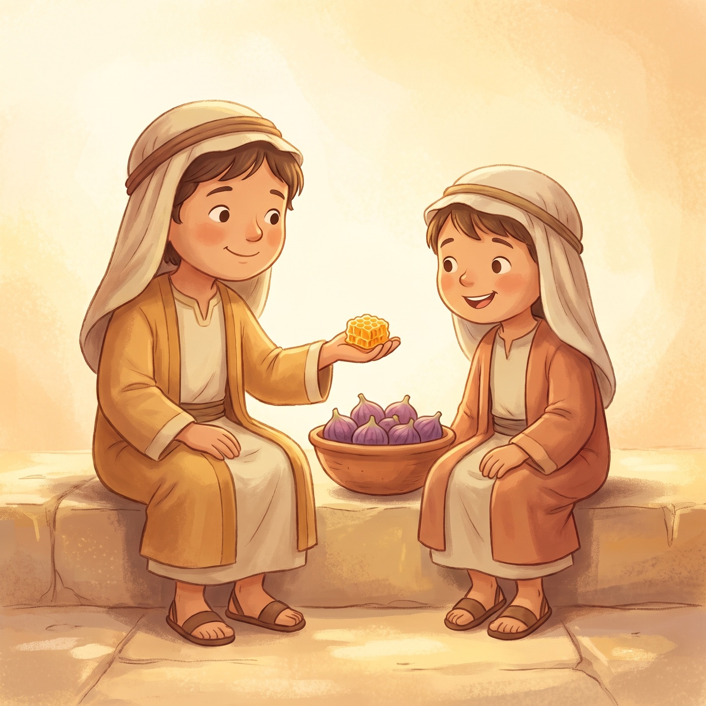 Two children in modest ancient-Israel robes sitting facing each other on a sunny stone courtyard step, one gently offering a small piece of honeycomb with an open hand, the other beginning to smile, a clay bowl of figs beside them, warm golden light.